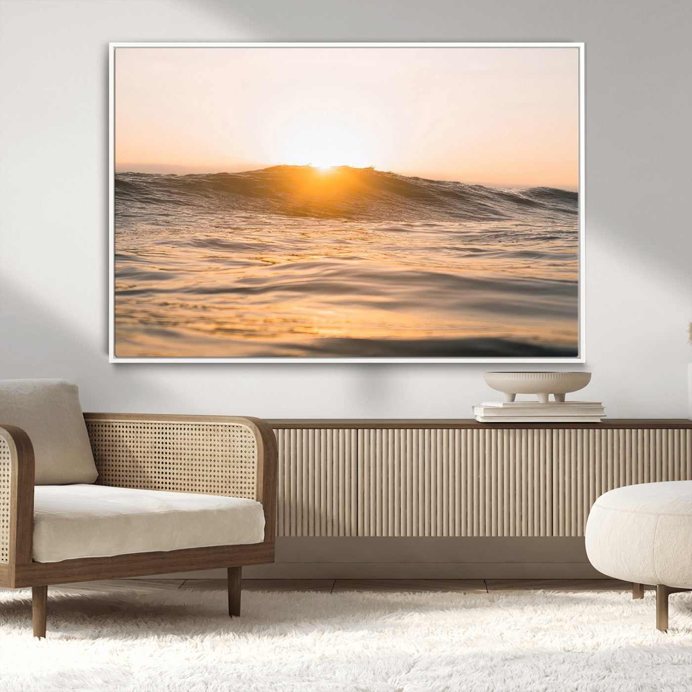 16973771-MGV-CV-36X24-Calm Water Wall Art Canvas Print, Framed Sunset Waves Art Picture Print, Coastal Warmth Perfect Warm Minimalist Decor Artwork