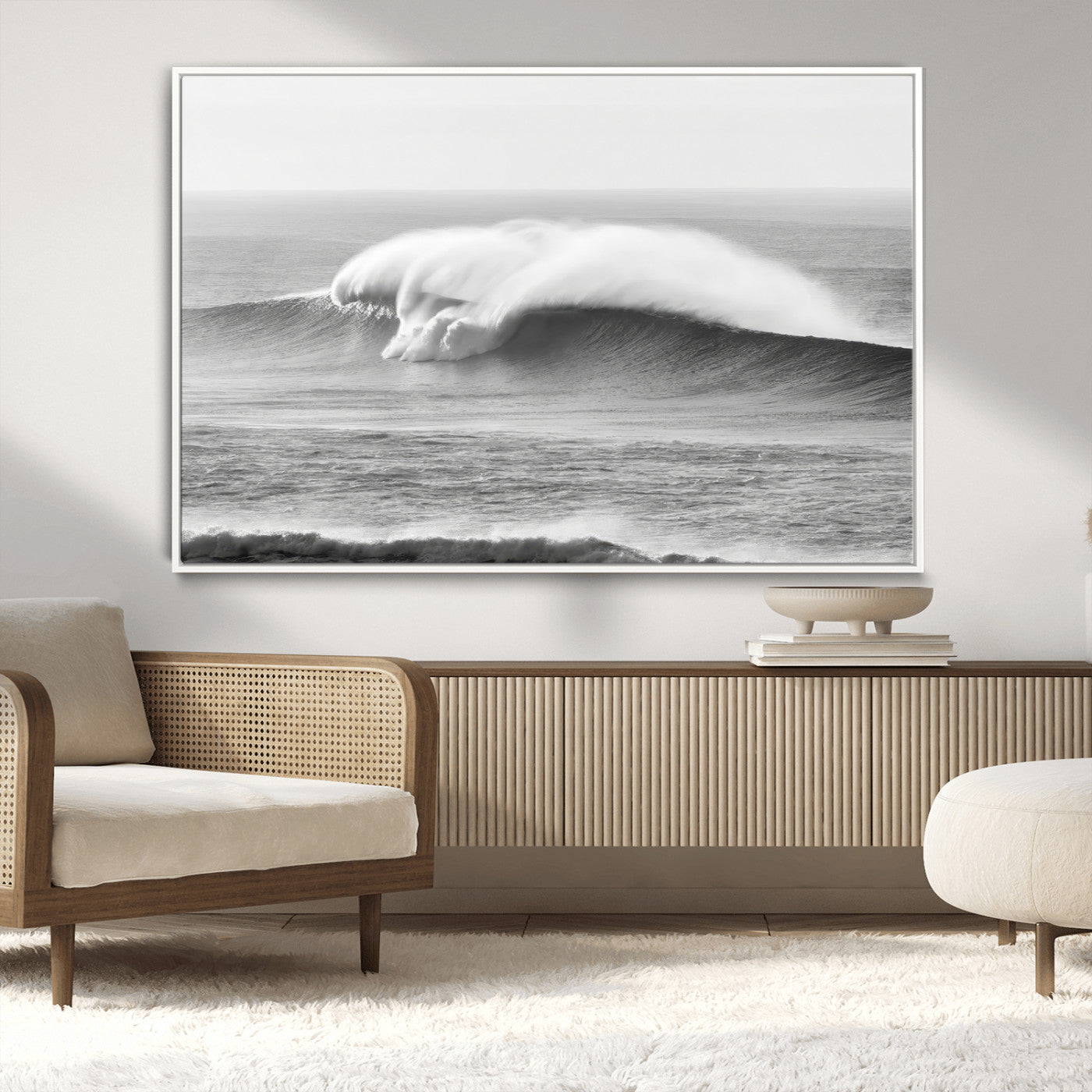 42544082-MGV-CV-36X24-Monochrome Seascape Wall Art Canvas Print, Framed Surf Wave Art Picture Print, Minimalist Ocean Perfect Moody Coastal Decor