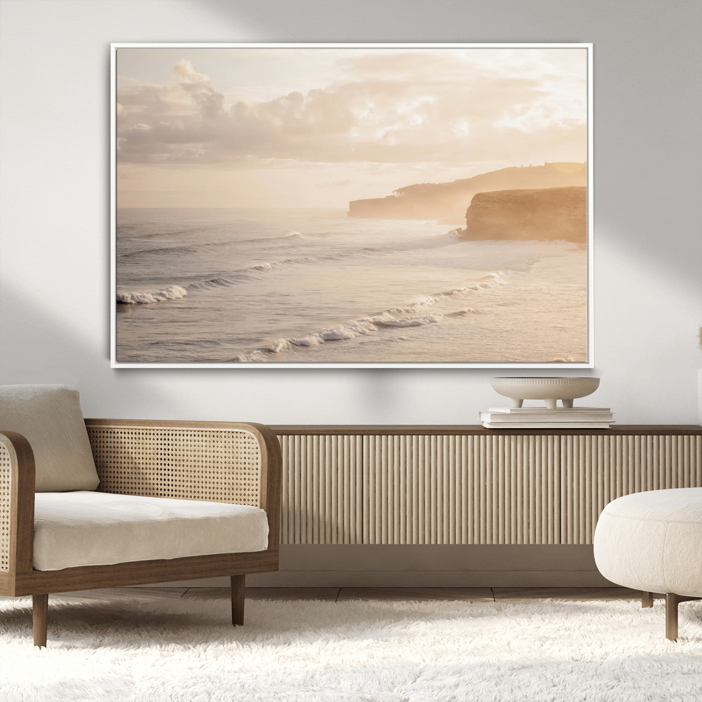 57669769-MGV-CV-36X24-Misty Coastal Wall Art Canvas Print, Framed Golden Sunset Art Picture Print, Serene Shoreline Perfect Tranquil Coastal Decor