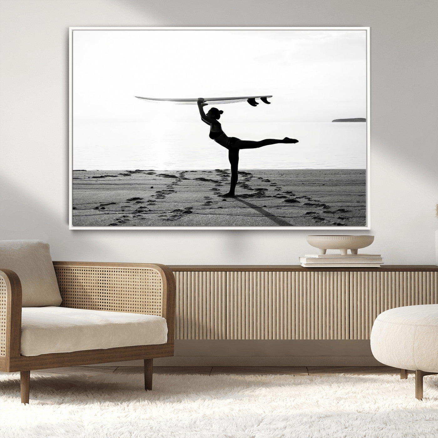 28441356-MGV-CV-36X24-Yoga Surf Wall Art Canvas Print, Framed Black White Shore Art Picture Print, Peaceful Ocean Perfect Minimalist Coastal Decor