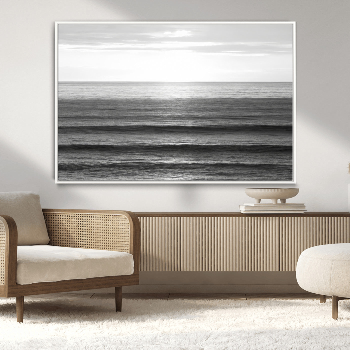 47305203-MGV-CV-36X24-Monochrome Ocean Wall Art Canvas Print, Framed Moody Ocean Art Picture Print, Calm Ocean Perfect Minimalist Coastal Decor Artwork