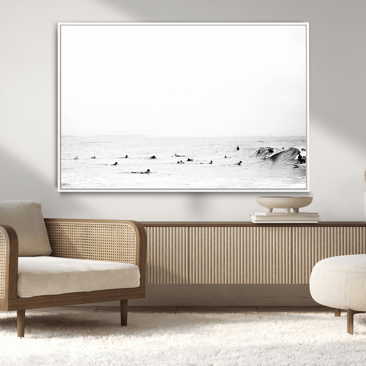 38441169-MGV-CV-36X24-Monochrome Swimming Wall Art Canvas Print, Framed Ocean Horizon Art Picture Print, Moody Coastal Perfect Minimalist Coastal Decor