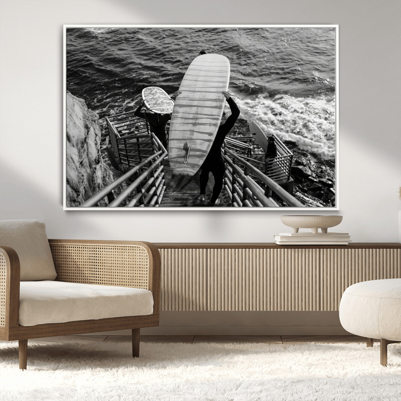 32353707-MGV-CV-36X24-Black White Surfing Wall Art Canvas Print, Framed Coastal Surfing Art Picture Print, Wave Riders Perfect Coastal Adventure Decor
