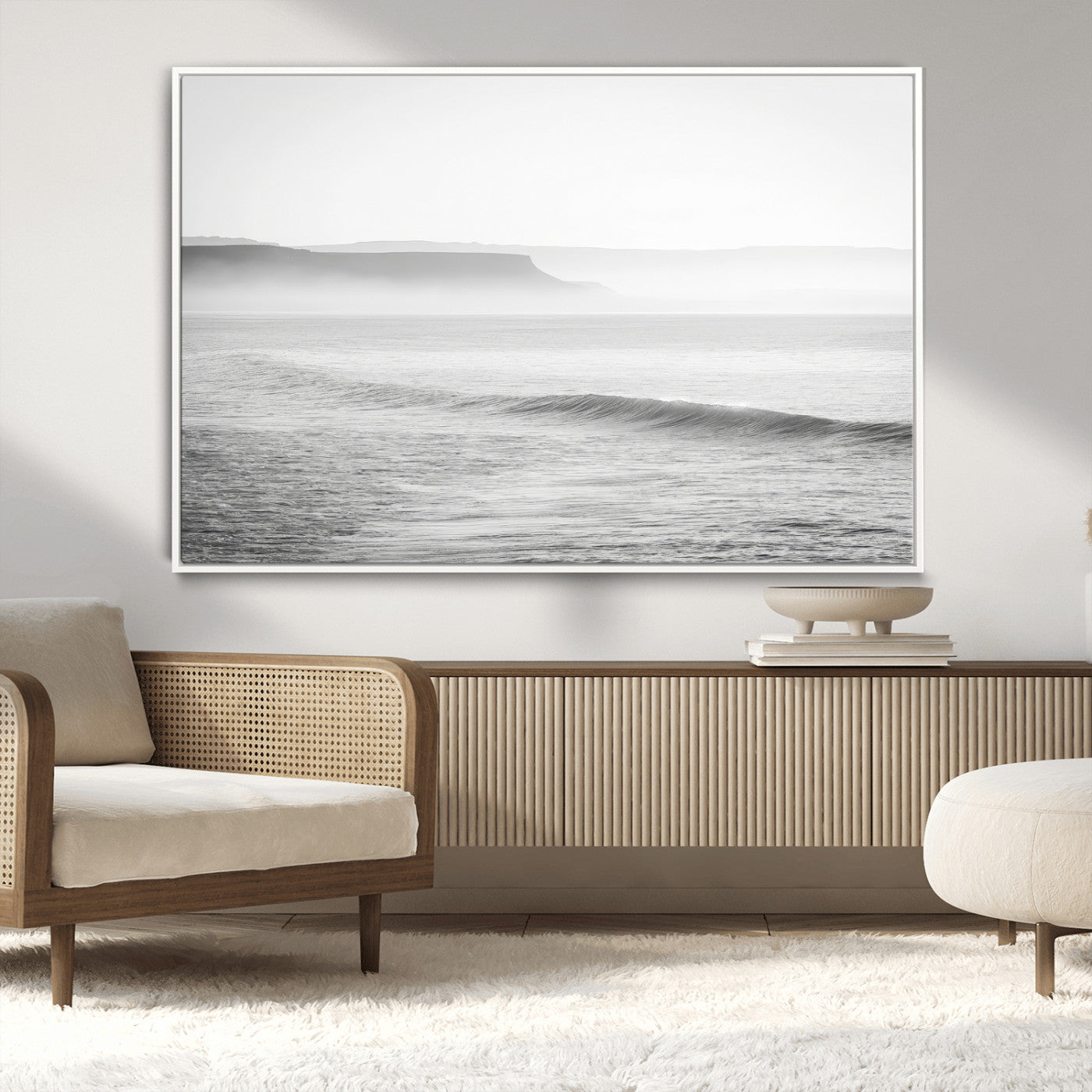 60635783-MGV-CV-36X24-Black White Seascape Wall Art Canvas Print, Framed Ocean Waves Art Picture Print, Misty Coastal Perfect Minimalist Coastal Decor