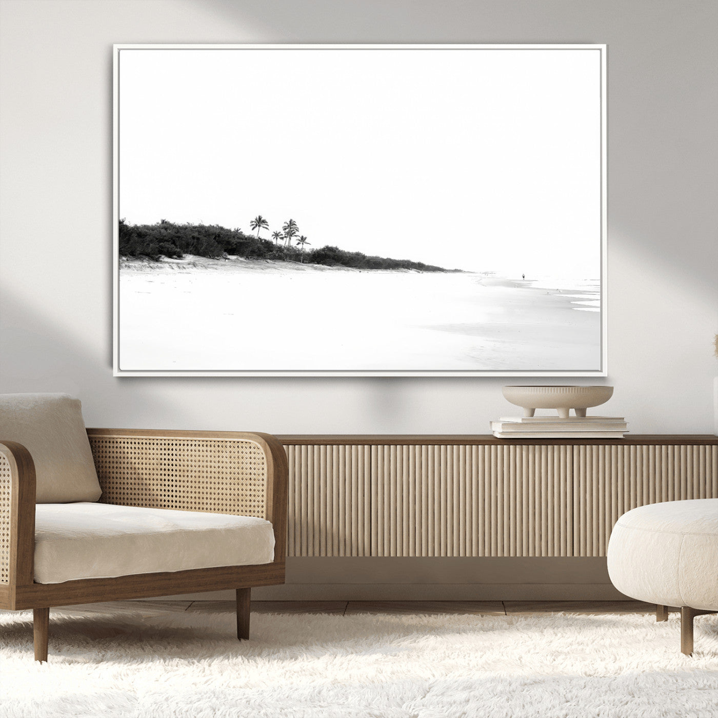 29611516-MGV-CV-36X24-Black White Beach Wall Art Canvas Print, Framed Palm Trees Art Picture Print, Monochrome Tropical Perfect Minimalist Coastal Decor