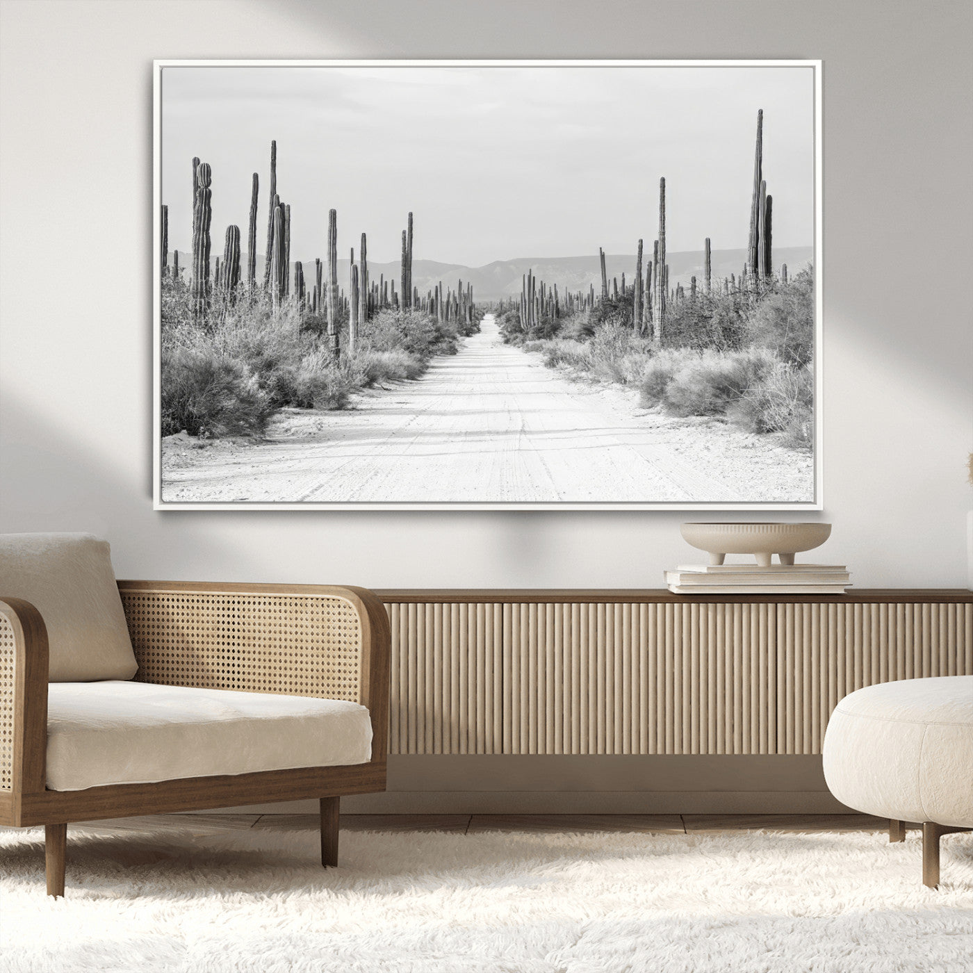 35537313-MGV-CV-36X24-Monochrome Desert Wall Art Canvas Print, Framed Cactus Path Art Picture Print, Southwestern Landscape Perfect Southwestern