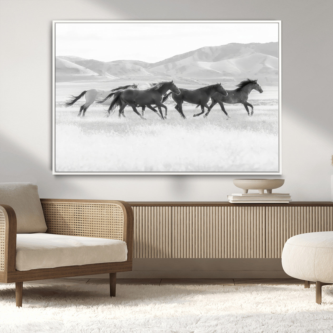 69934913-MGV-CV-36X24-Wild Horses Running Wall Art Canvas Print, Framed Black White Mustangs Art Picture Print, Rustic Western Perfect Rustic Western