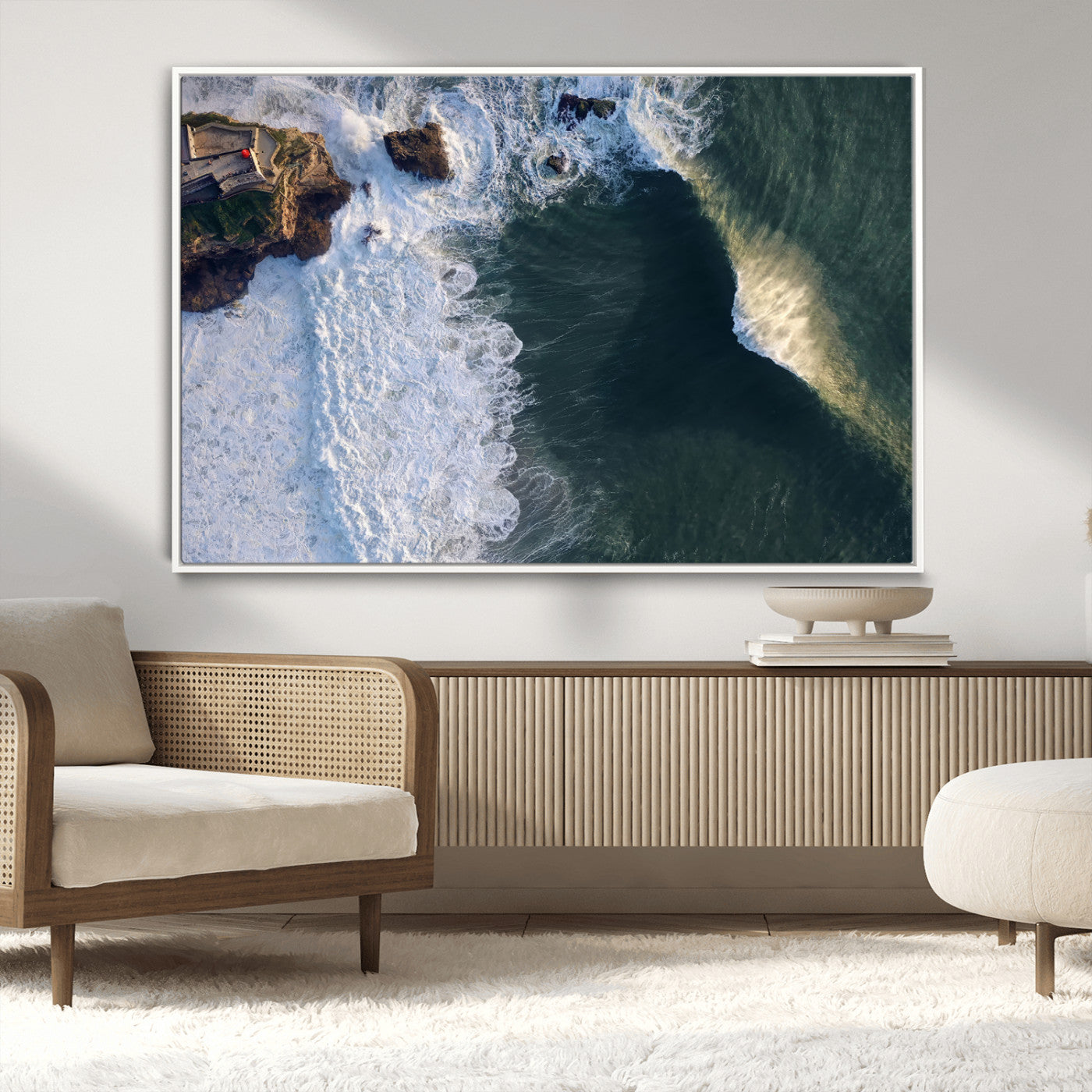 37405684-MGV-CV-36X24-Nazaré Coast Wall Art Canvas Print, Framed Aerial Ocean Art Picture Print, Coastal Fortress Perfect Dramatic Coastal Decor Artwork