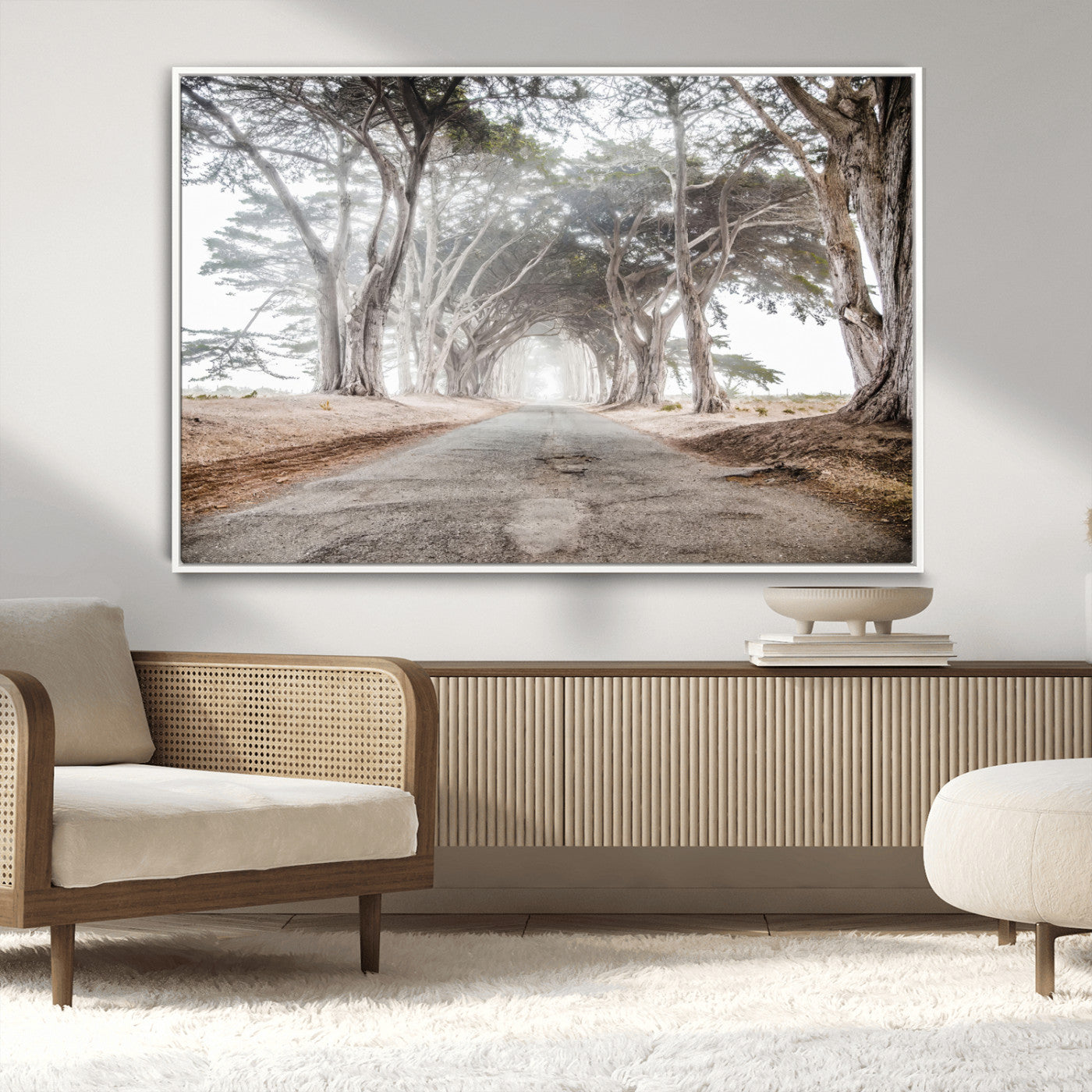 87090469-MGV-CV-36X24-Cypress Tunnel Wall Art Canvas Print, Framed Misty Road Art Picture Print, Foggy Trees Perfect Rustic Woodland Decor Artwork