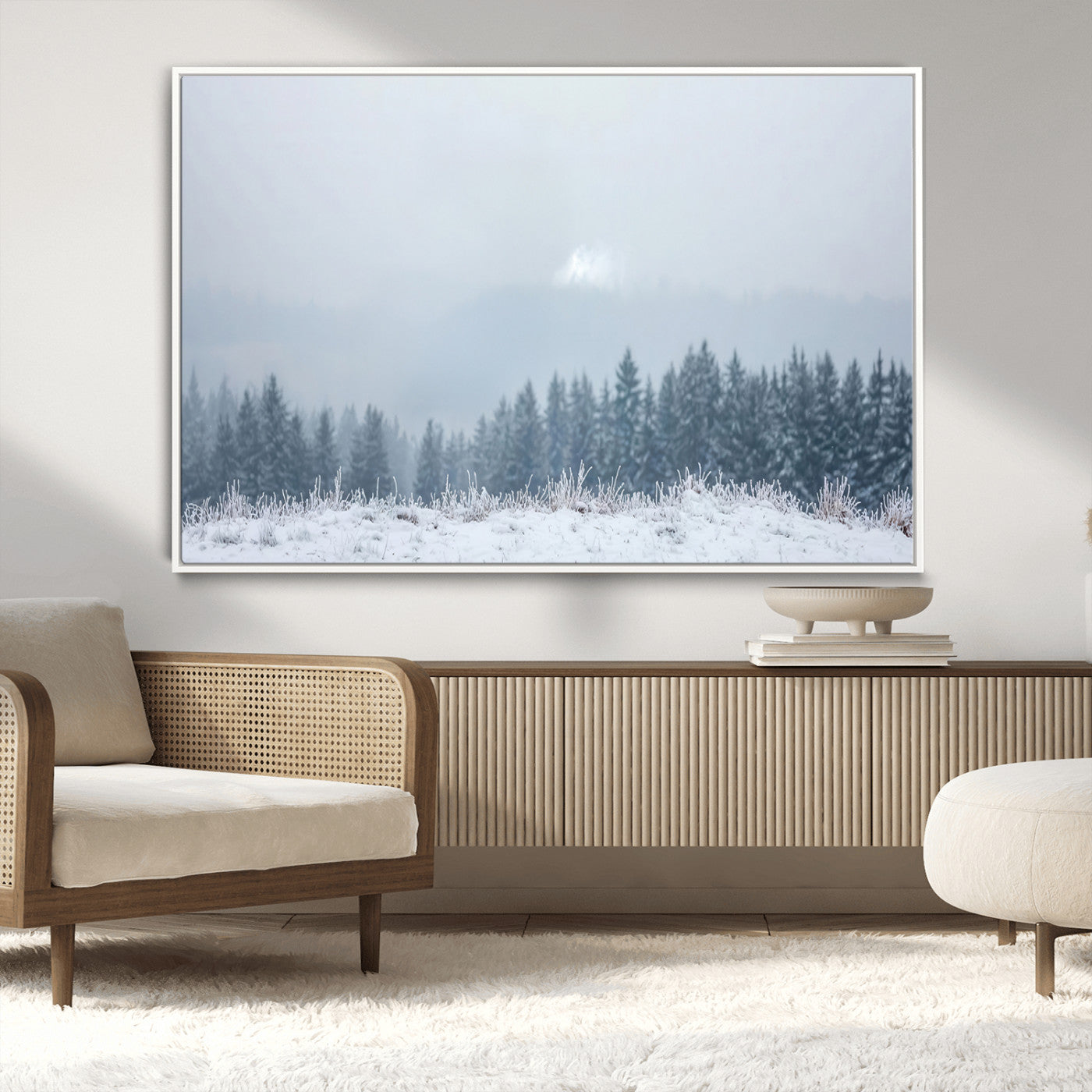 33033082-MGV-CV-36X24-Winter Forest Art Wall Art Canvas Print, Framed Snowy Landscape Art Picture Print, Misty Tree Scene Perfect Nordic Minimalist