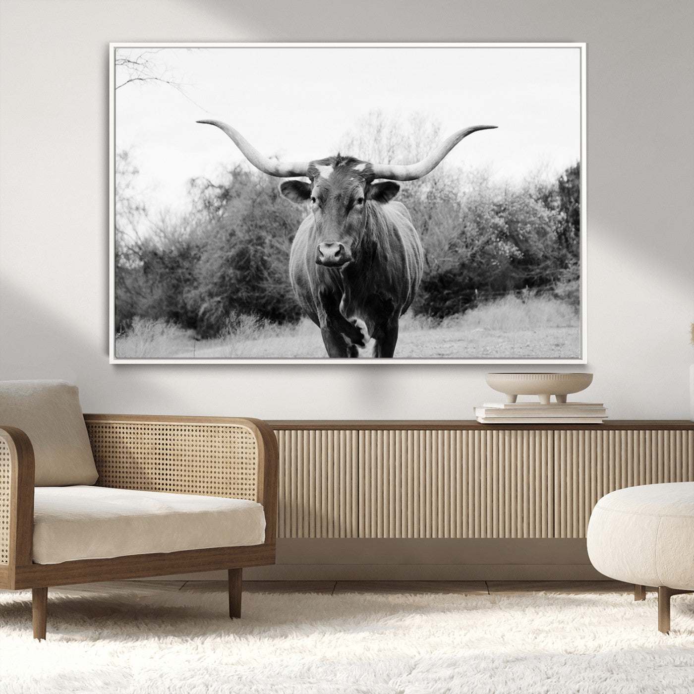 97280319-MGV-CV-36X24-Longhorn Photography Wall Art Canvas Print, Framed Western Cow Decor Art Picture Print, Texas Ranch Style Perfect Rustic Farmhouse