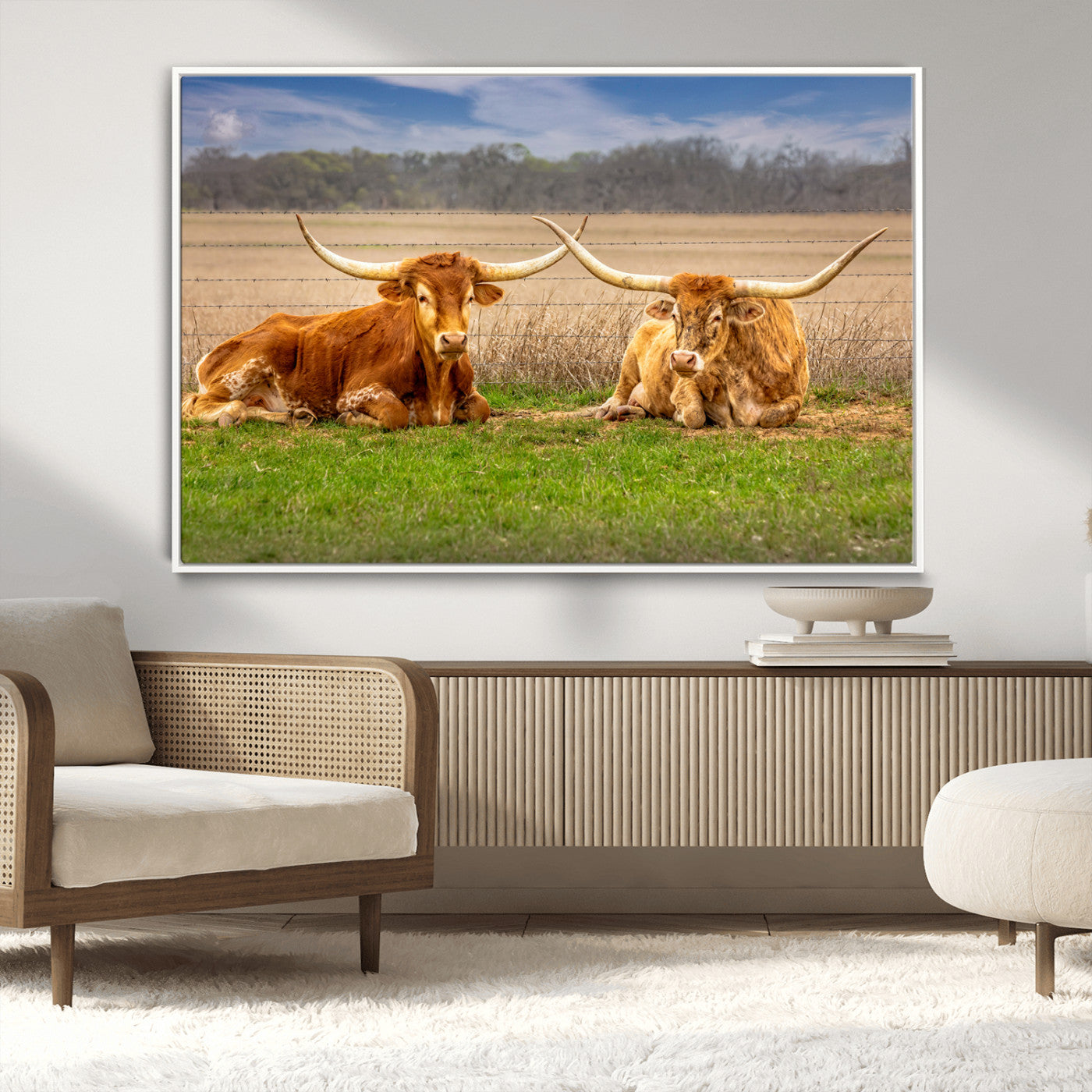 97244565-MGV-CV-36X24-Longhorn Duo Wall Art Canvas Print, Framed Cozy Ranch Vibes Art Picture Print, Western Ranch Decor Perfect Rustic Farmhouse Decor
