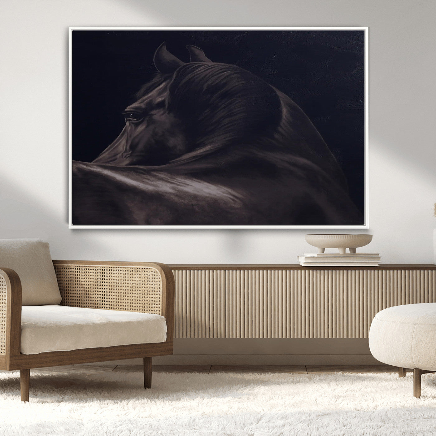 67026880-MGV-CV-36X24-Black Horse Portrait Wall Art Canvas Print, Framed Moody Horse Decor Art Picture Print, Equestrian Wall Style Perfect Masculine