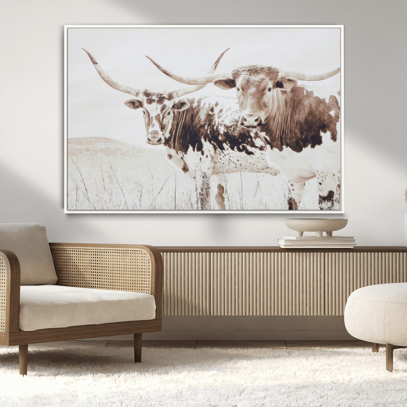 48161868-MGV-CV-36X24-Longhorn Cow Decor Wall Art Canvas Print, Framed Rustic Cattle Art Picture Print, Sepia Western Vibe Perfect Neutral Rustic