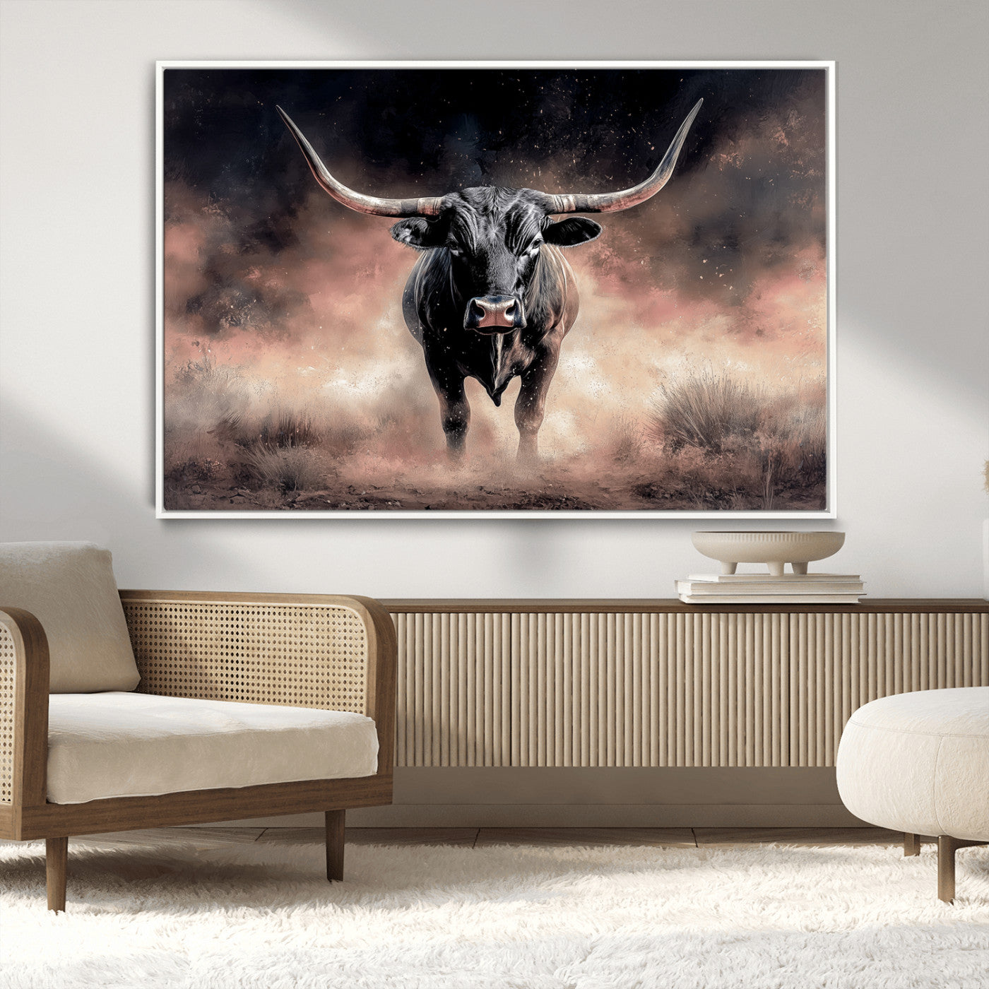 71457818-MGV-CV-36X24-Longhorn Wall Art Wall Art Canvas Print, Framed Western Bull Canvas Art Picture Print, Rustic Cow Decor Perfect Western Dramatic