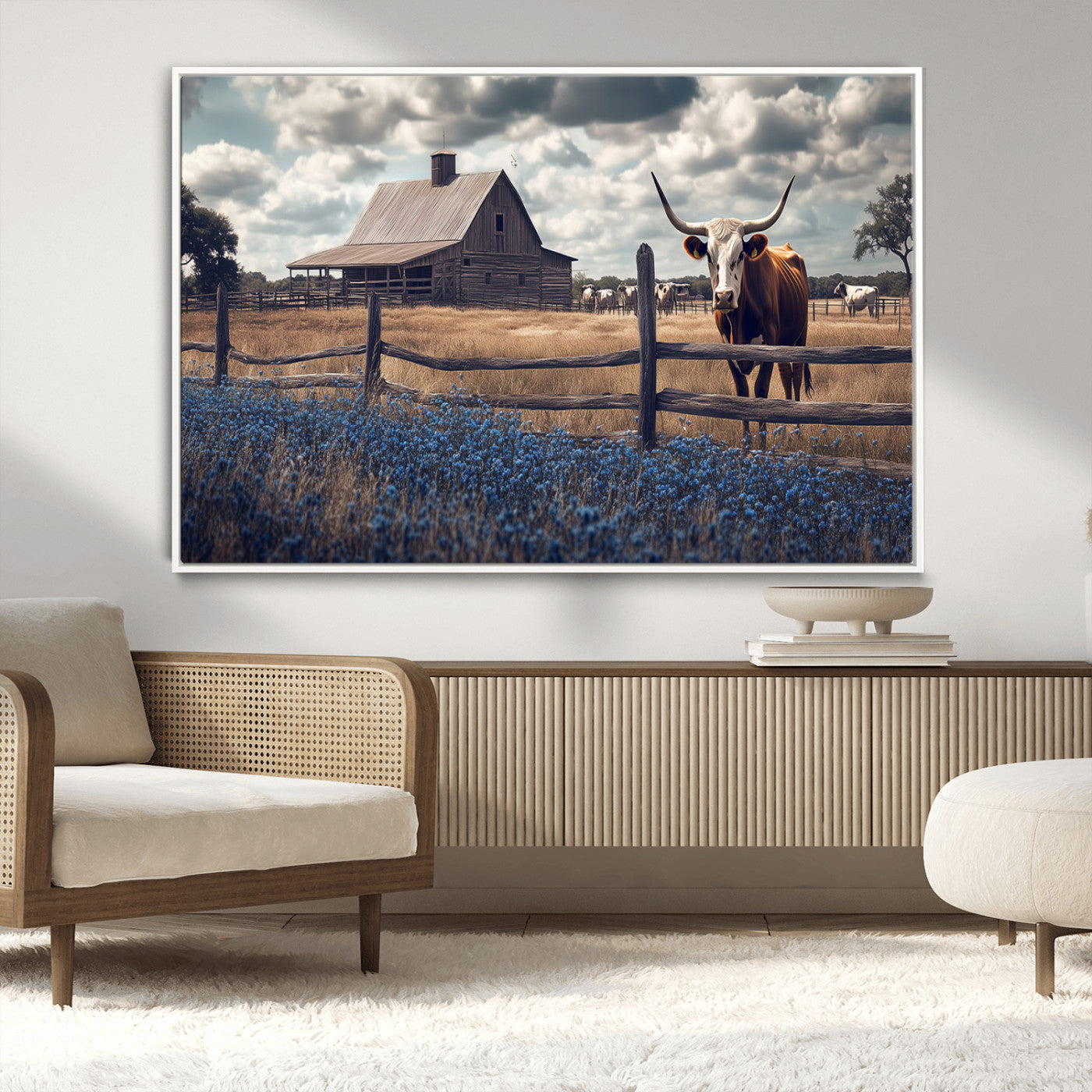 51092814-MGV-CV-36X24-Texas Longhorn Wall Art Wall Art Canvas Print, Framed Rustic Barn Canvas Art Picture Print, Farmhouse Cow Decor Perfect Rustic