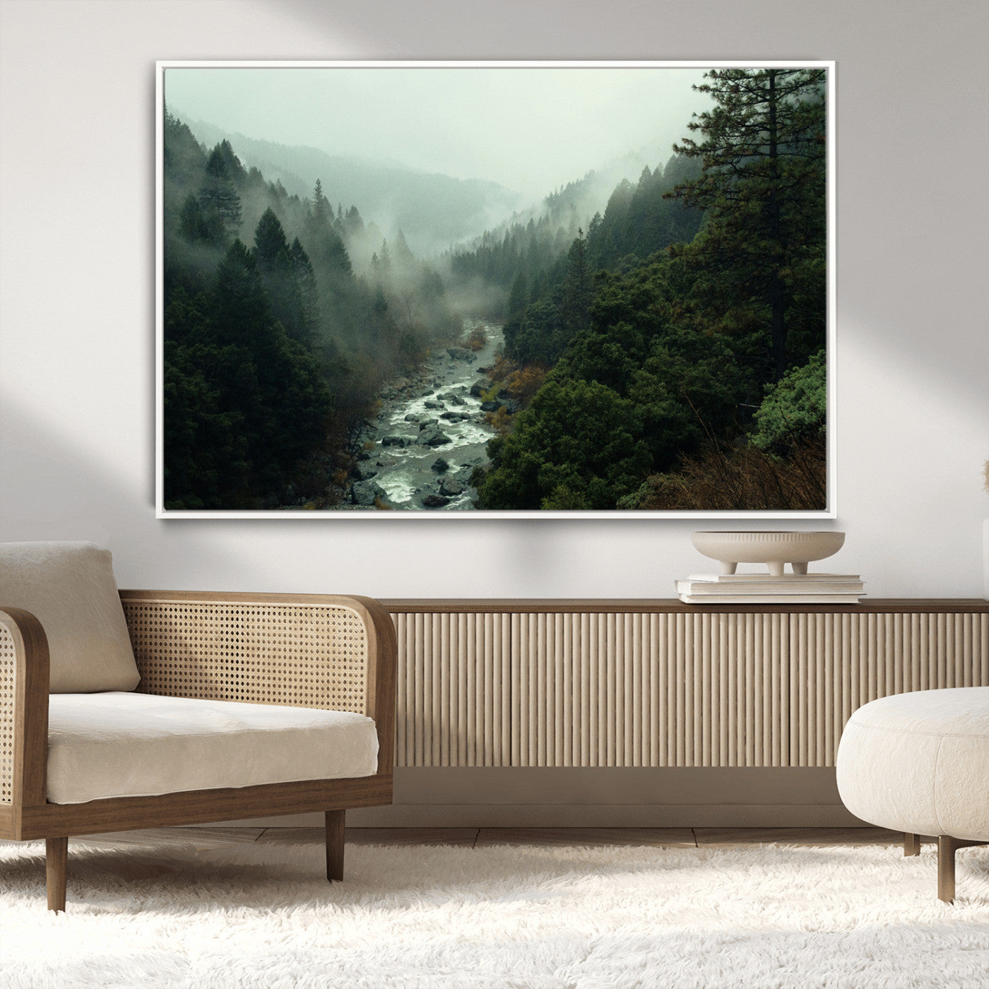 48497565-MGV-CV-36X24-Misty Forest Wall Art Canvas Print, Framed Foggy River Art Picture Print, Moody Landscape Perfect Moody Wilderness Decor Artwork