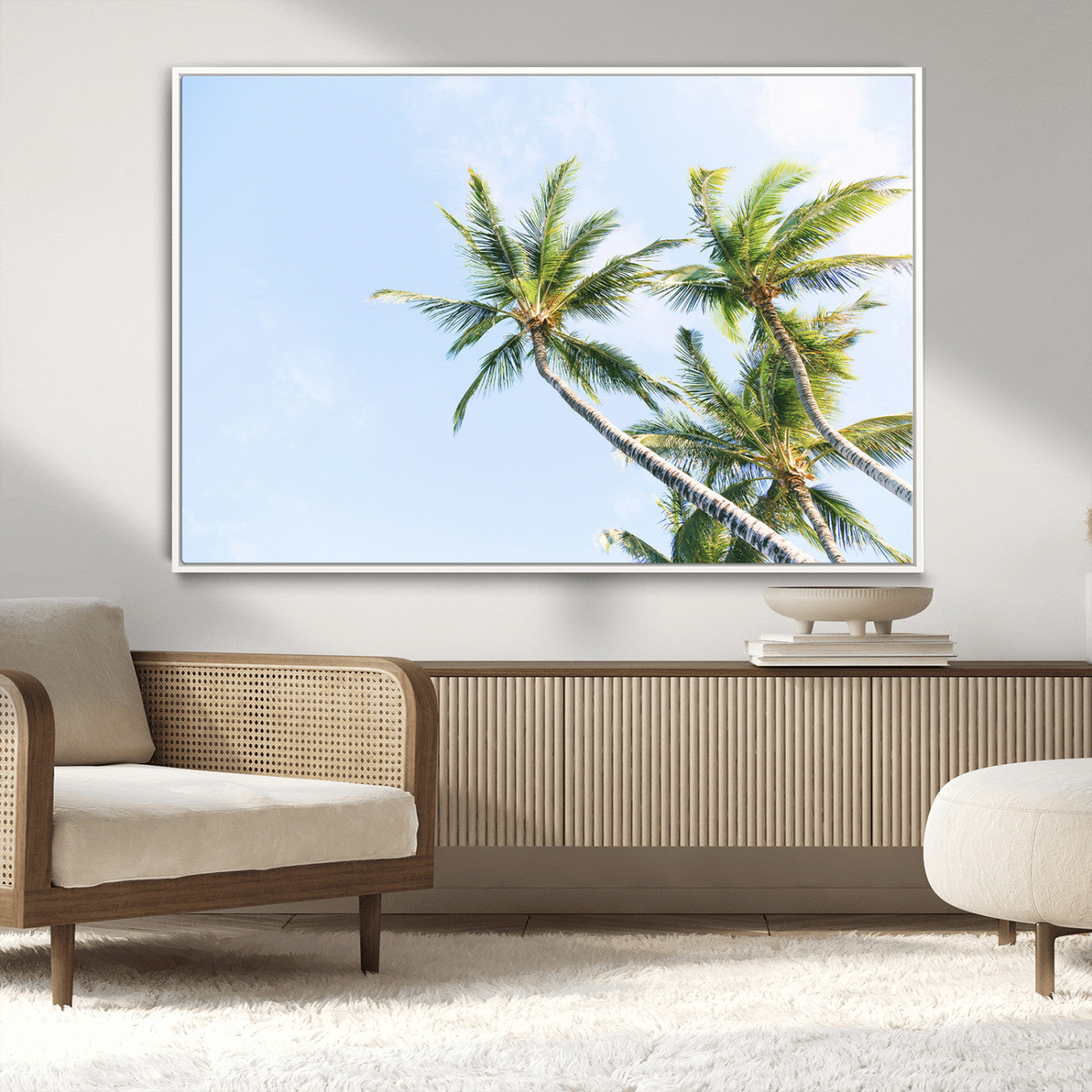 54719115-MGV-FC-36X24_White-Palm Trees Wall Art Canvas Print, Framed Tropical Aesthetic Art Picture Print, Coastal Serenity Perfect Tropical Minimalist Decor