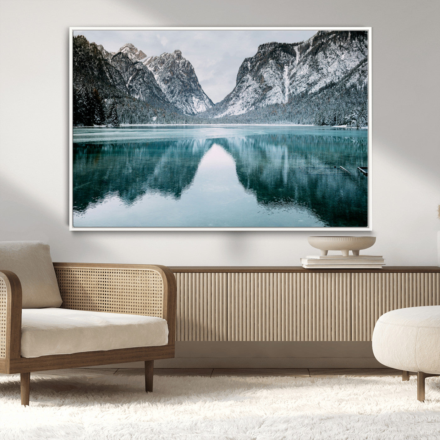 73098373-MGV-CV-36X24-Mountain Lake Wall Art Canvas Print, Framed Winter Wonderland Art Picture Print, Snowy Peaks Perfect Modern Nature Decor Artwork
