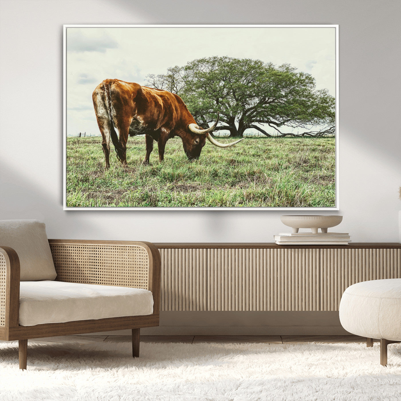 91866234-MGV-CV-36X24-Texas Longhorn Wall Art Canvas Print, Framed Rustic Ranch Art Picture Print, Western Cattle Perfect Rustic Farmhouse Decor Artwork