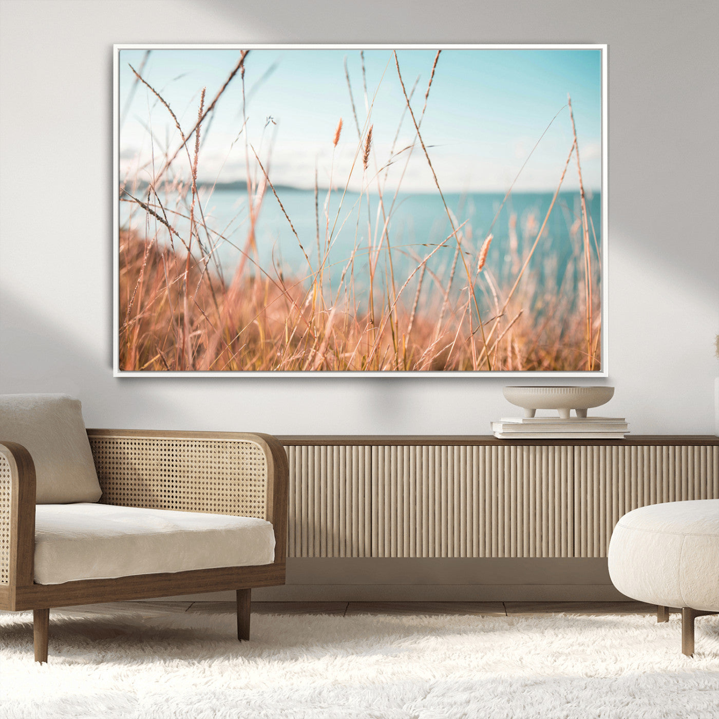 36108696-MGV-CV-36X24-Coastal Grass Wall Art – Serene Ocean View Canvas Print, Beach Nature Photography Decor for Living Room, Bedroom, Office or Modern