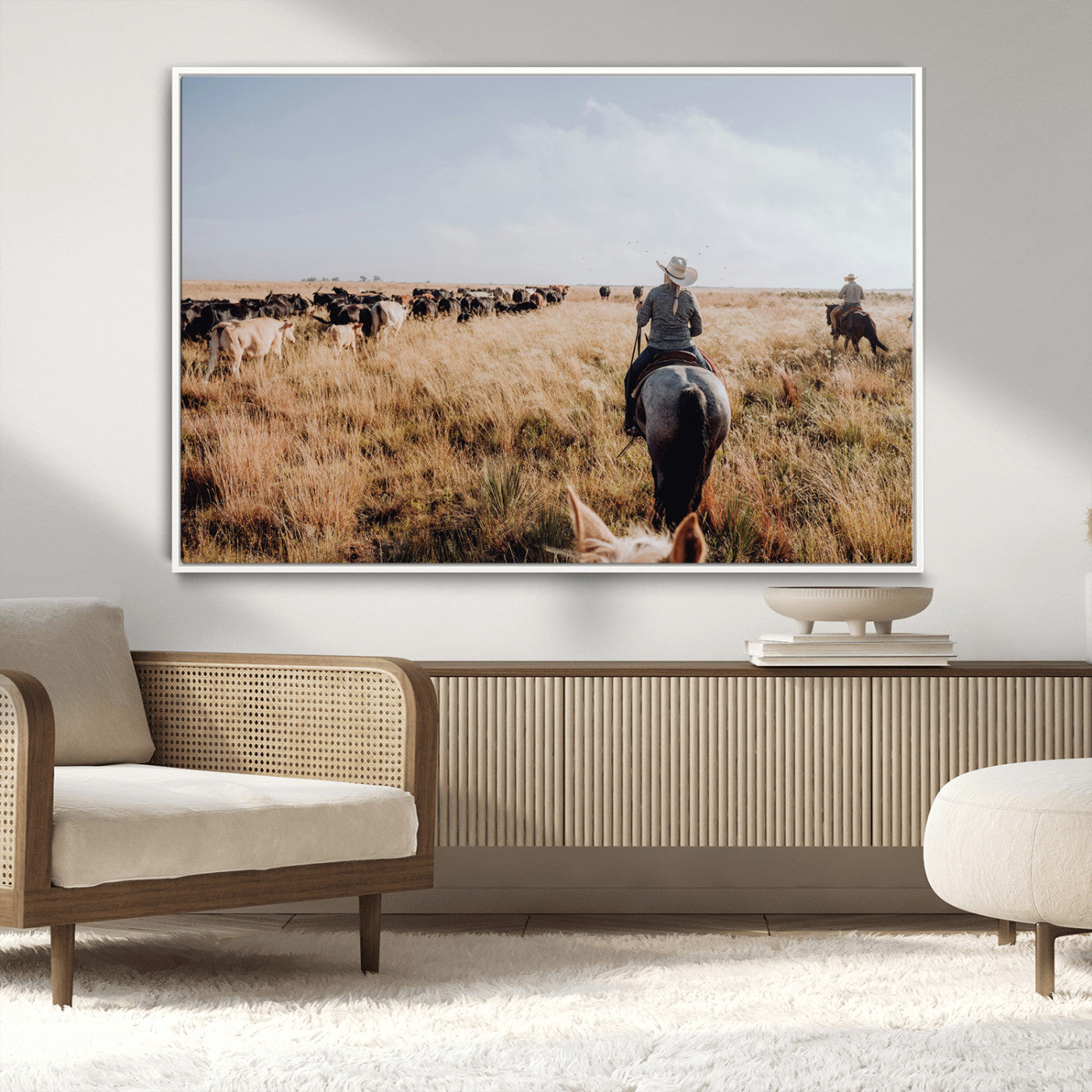 22431577-MGV-CV-36X24-Western Wall Art Wall Art Canvas Print, Framed Cowboy Canvas Art Picture Print, Cattle Drive Scene Perfect Rustic Western Decor
