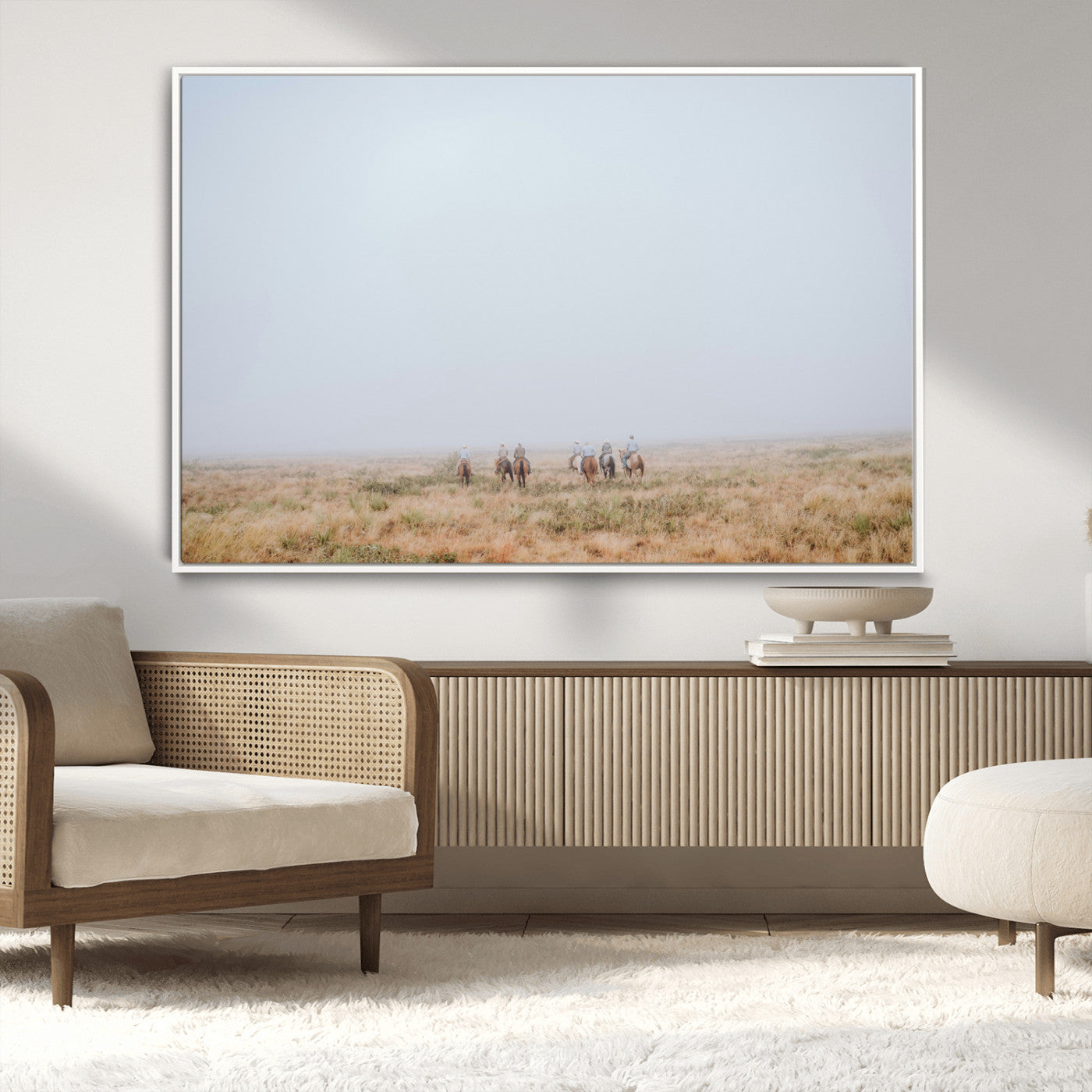 14761944-MGV-CV-36X24-Foggy Plains Wall Art Canvas Print, Framed Horseback Riders Art Picture Print, Rustic Western Perfect Rustic Western Decor Artwork