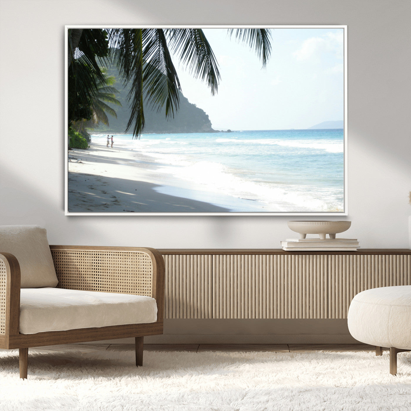 18311030-MGV-CV-36X24-Tropical Beach Wall Art Canvas Print, Framed Serene Ocean Art Picture Print, Palm Tree Shadows Perfect Tropical Coastal Decor