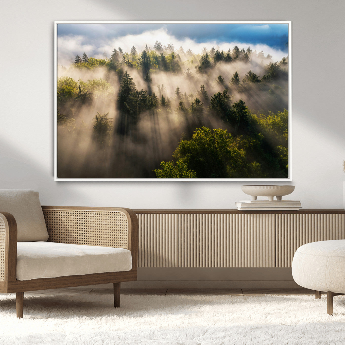 14785710-MGV-CV-36X24-Tranquil Forest Scene Wall Art Canvas Print, Framed Sunbeam Through Trees Art Picture Print, Moody Green Wall Art Perfect