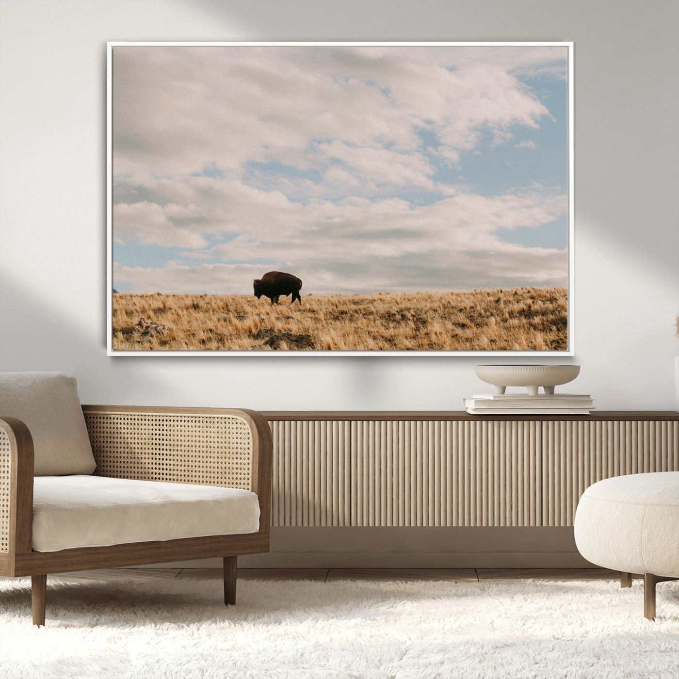 22754563-MGV-CV-36X24-Earthy Tones Wall Art Canvas Print, Framed Rustic Nature Art Picture Print, Solitary Buffalo Perfect Western Minimalist Decor