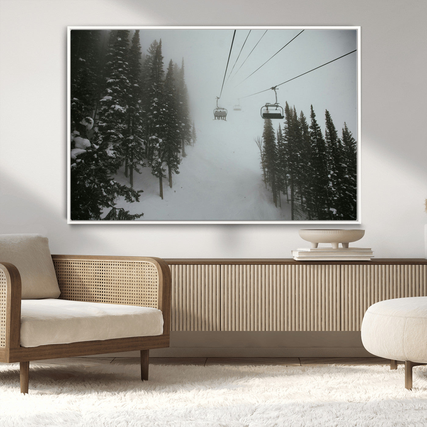 87018452-MGV-FC-36X24_White-Ski Lift Wall Art Canvas Print, Framed Snowy Pines Art Picture Print, Misty Landscape Perfect Winter Serenity Decor Artwork