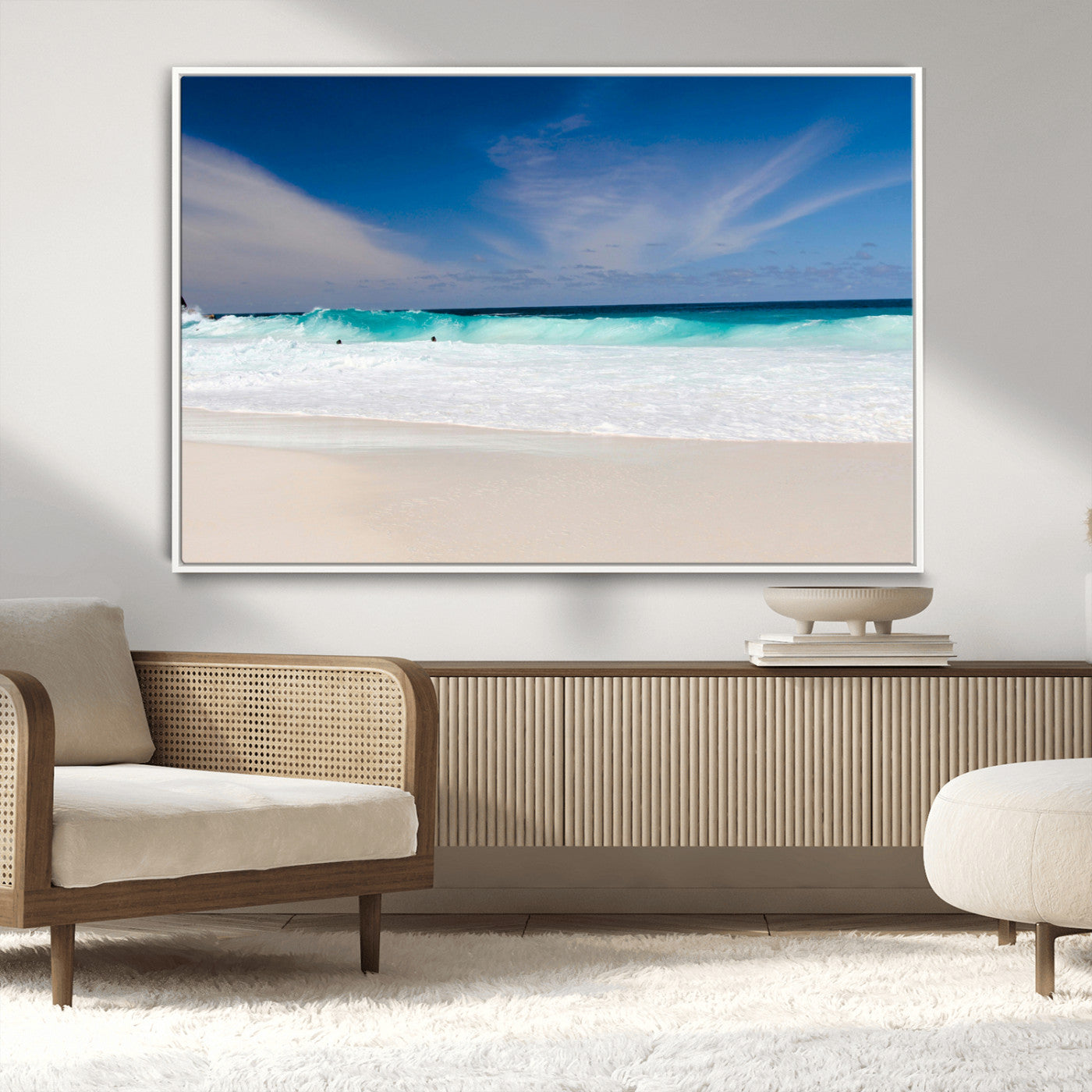 55017356-MGV-CV-36X24-Ocean Beach Wall Art – Turquoise Wave and White Sand Shoreline Canvas Print, Coastal Seascape Photography Decor for Living Room,