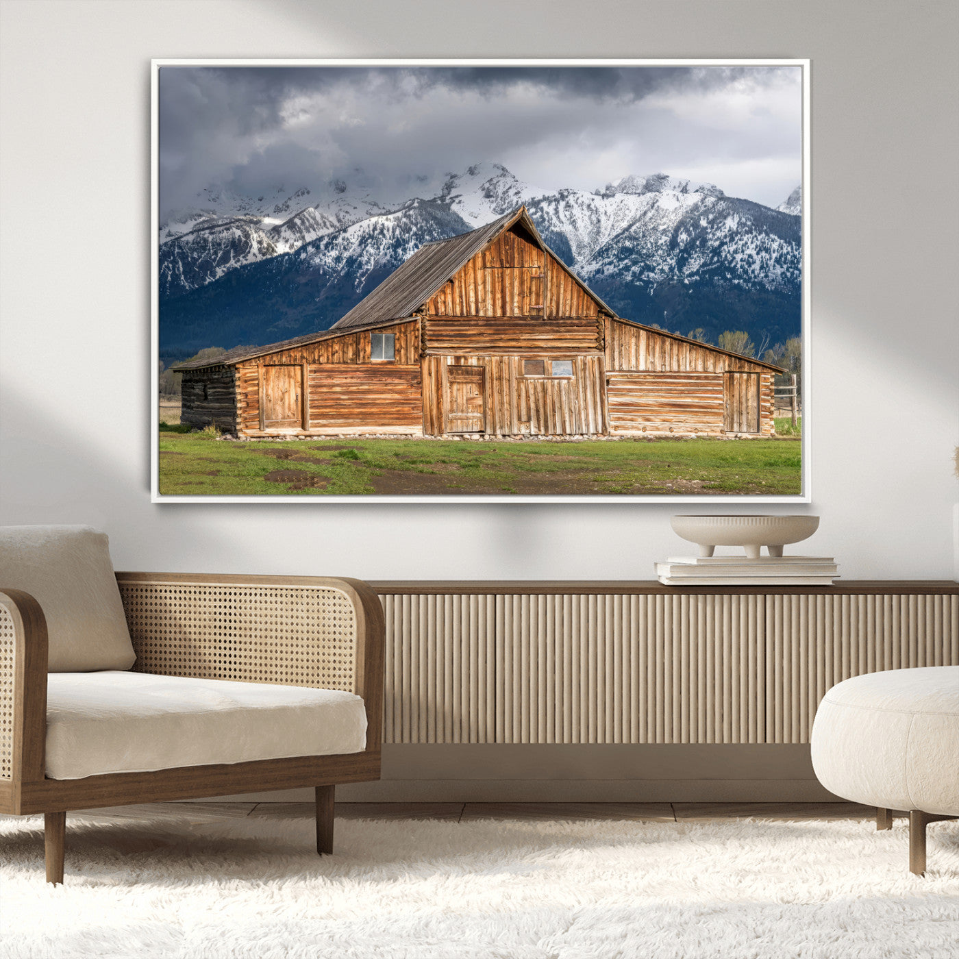 15173627-MGV-CV-36X24-Barn Wall Art – Rustic Wooden Cabin Canvas Print with Snowy Mountain Landscape, Western Farmhouse Country Decor for Living Room,