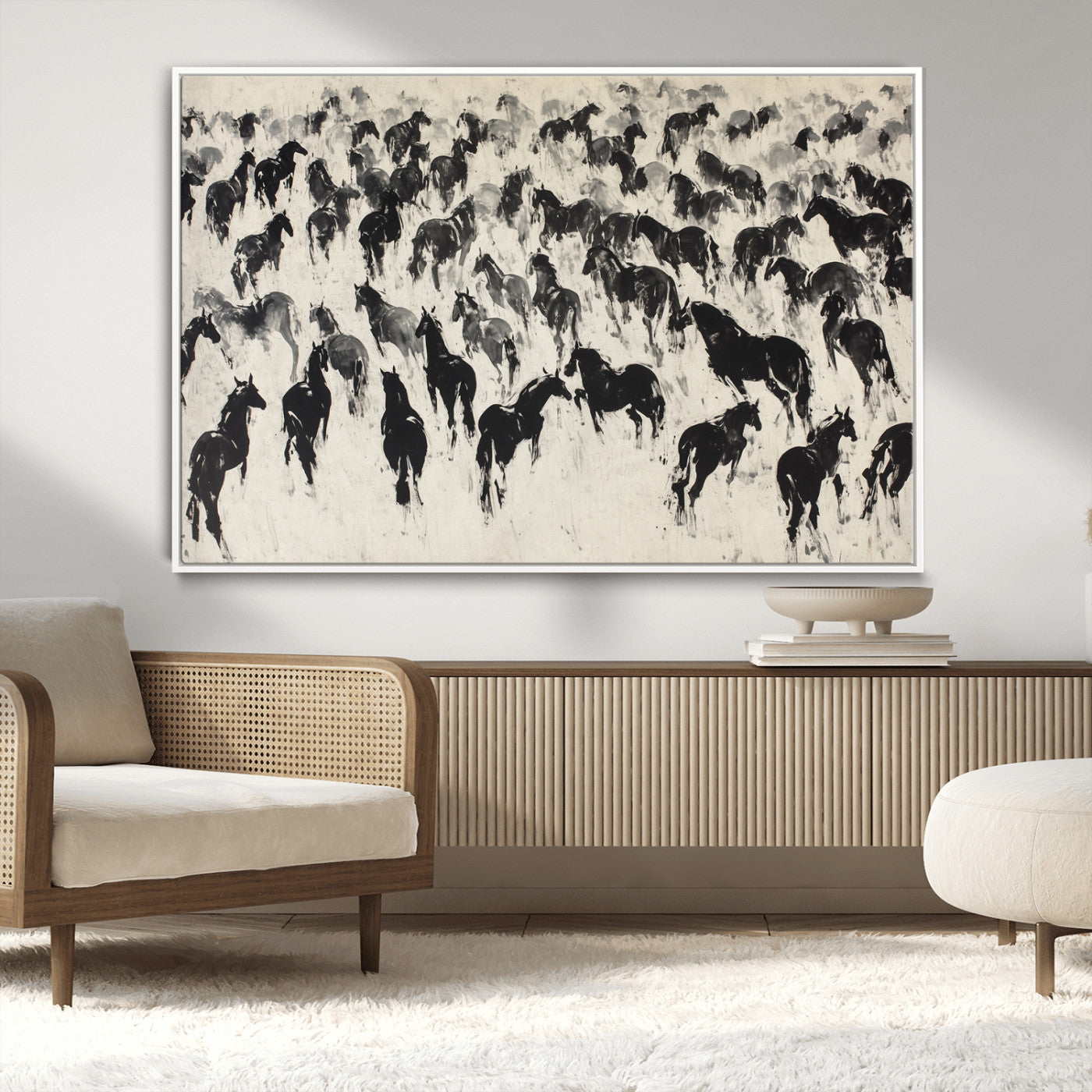 29265745-MGV-CV-36X24-Wild Horse Herd Wall Art – Black and White Galloping Horses Canvas Print, Rustic Western Farmhouse Décor for Living Room, Bedroom,