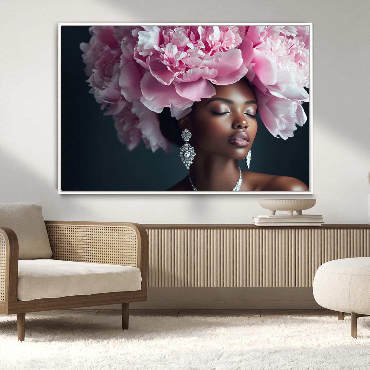 35482880-MGV-CV-36X24-Floral Portrait Wall Art – Elegant Woman with Pink Peony Headpiece Canvas Print, Luxury Fashion Inspired Artwork, Modern Glam