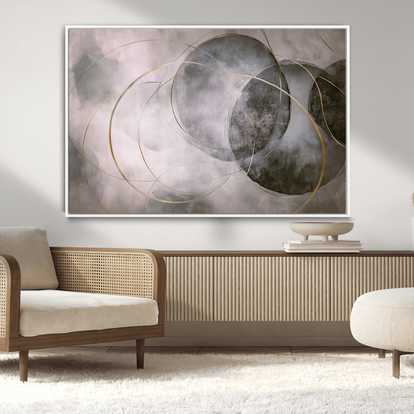 20066876-MGV-CV-36X24-Neutral Abstract Circle Wall Art – Modern Gray Beige Gold Canvas Print, Minimalist Geometric Painting for Bedroom, Living Room,