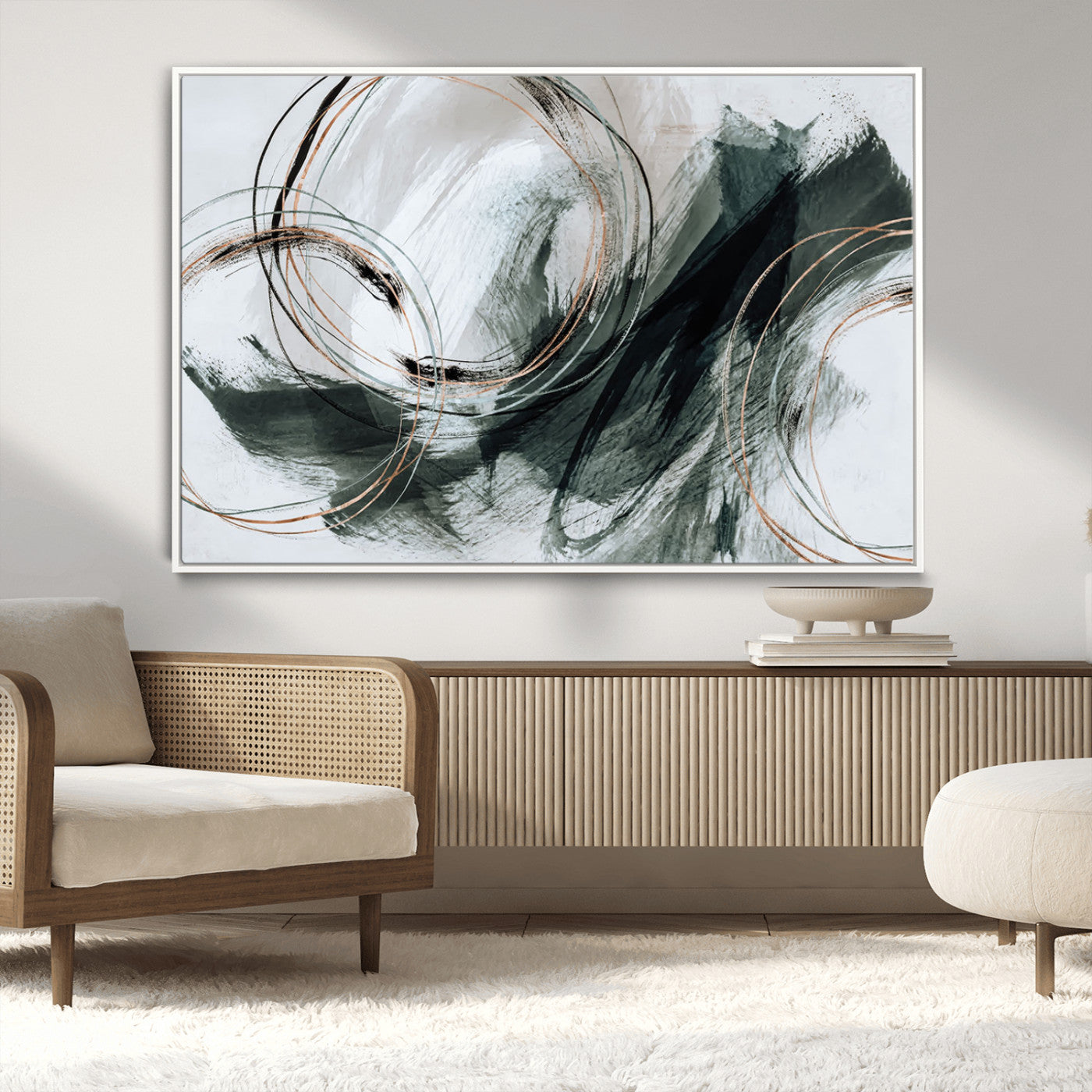 86583265-SEG-FC-90X60_Oversize_Oversize-Black and Gray Abstract Wall Art – Modern Copper Circle Canvas Print, Contemporary Minimalist Painting for Living Room, Bedroom,