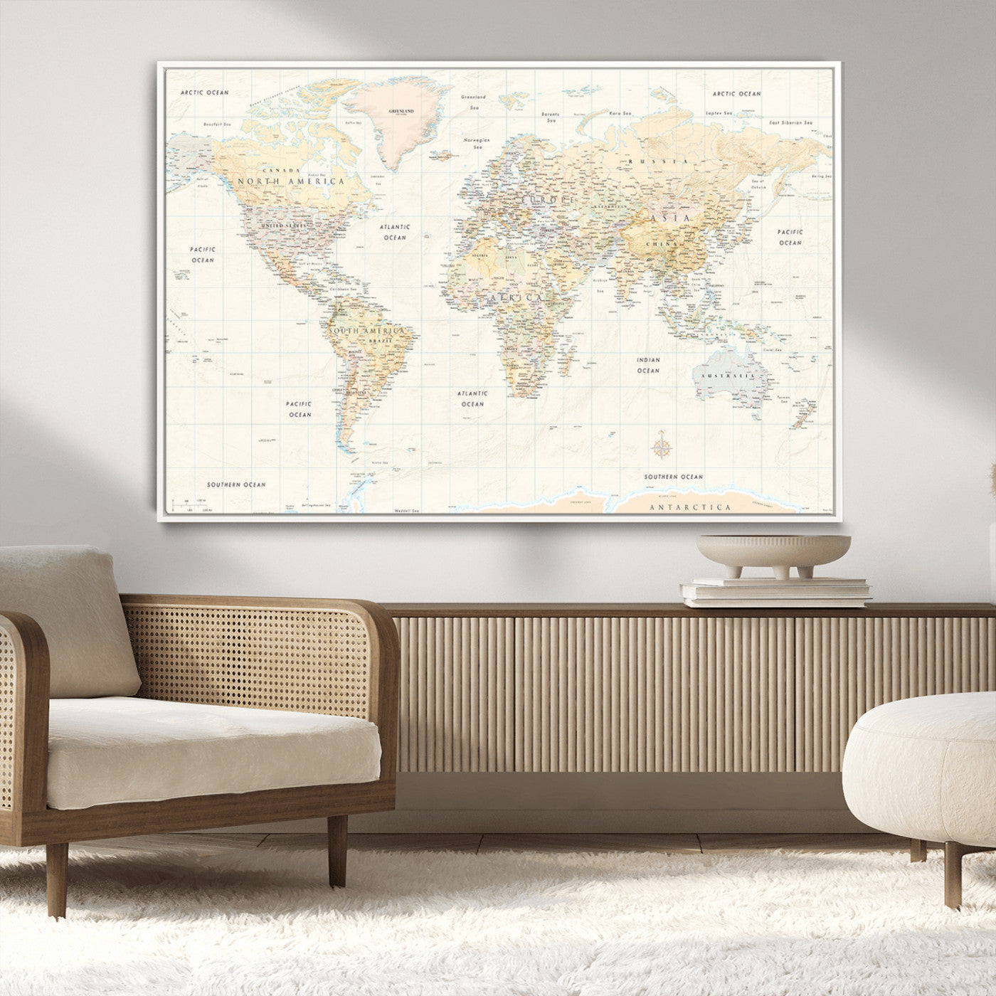 40660043-MGV-CV-36X24-World Map Wall Art – Large Detailed Atlas Style Map Print with Countries, Cities, and Oceans, Neutral Beige and Tan Educational