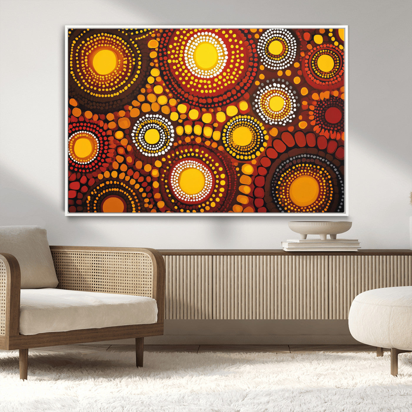 81120549-MGV-CV-36X24-Abstract Dot Painting Wall Art – Vibrant Tribal Boho Style Canvas Print with Sunburst Mandala Circles in Warm Red, Yellow, Orange