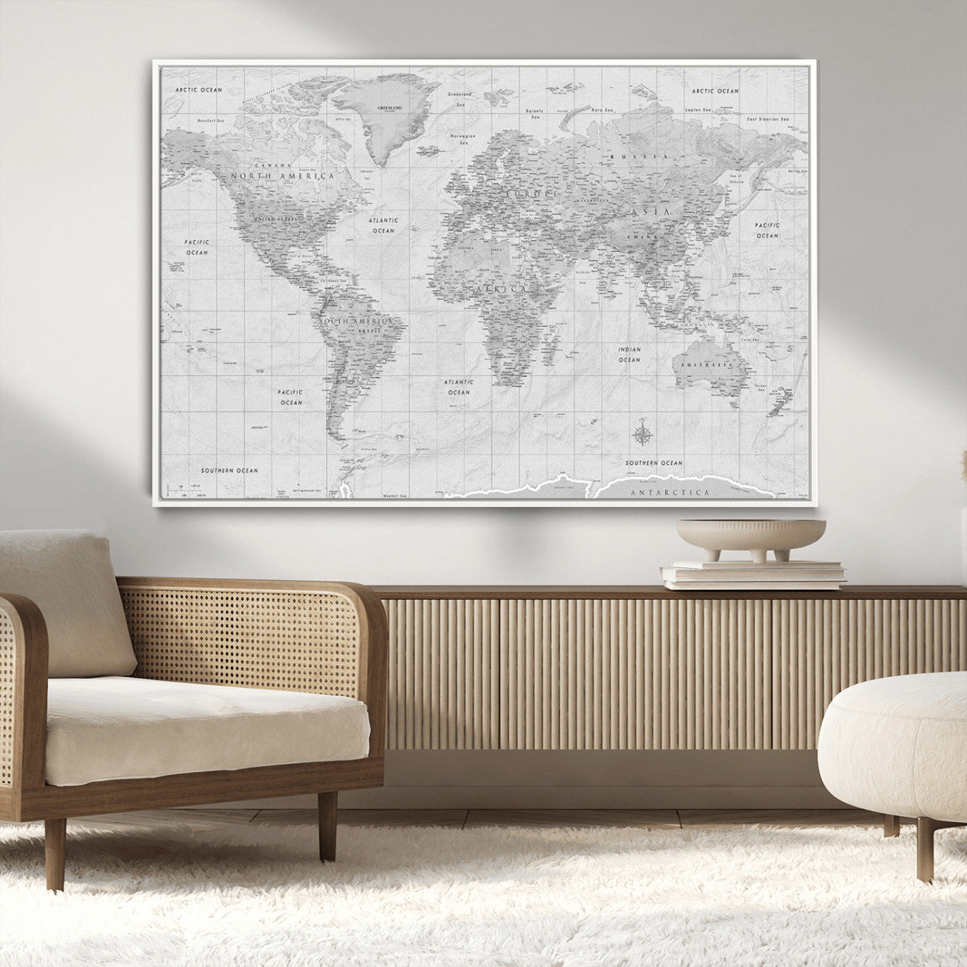 10516725-MGV-CV-36X24-Black and White World Map Wall Art – Minimalist Grayscale Canvas Print – Modern Detailed Travel Map Poster for Home, Office, or