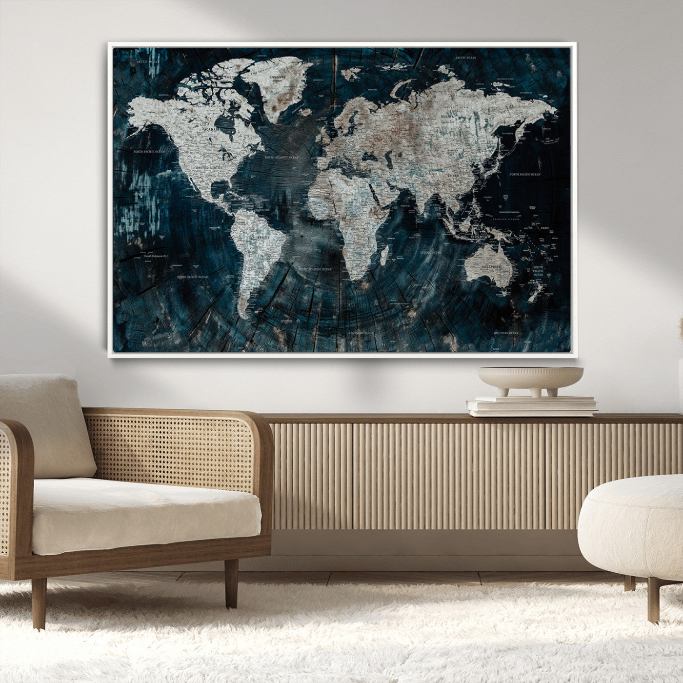 34425609-MGV-CV-36X24-World Map Wall Art – Rustic Navy and Grey Atlas Canvas Print, Distressed Explorer Map Artwork, Industrial Style Decor for Office,