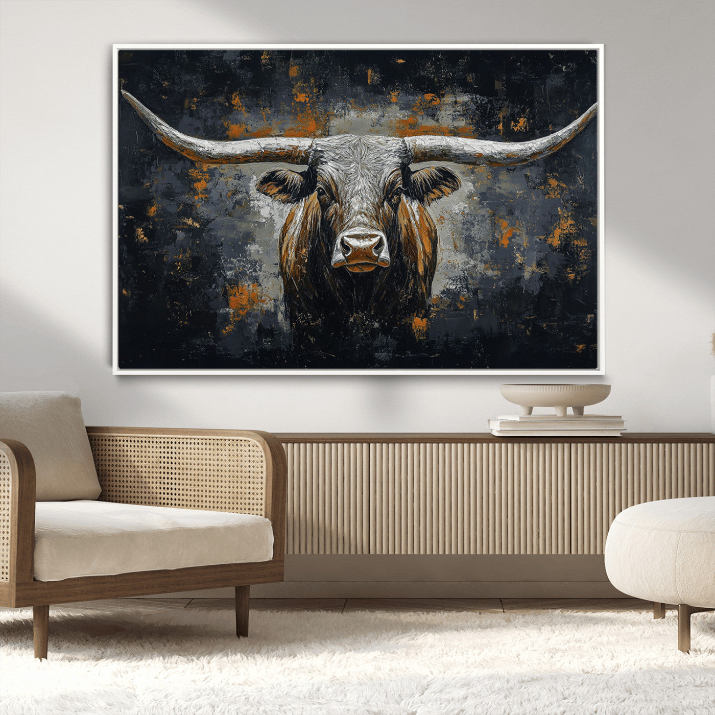 93195031-MGV-CV-36X24-Dark Longhorn Bull Wall Art – Western Steer Canvas Print, Moody Rustic Animal Painting for Man Cave, Ranch House, Office or Modern