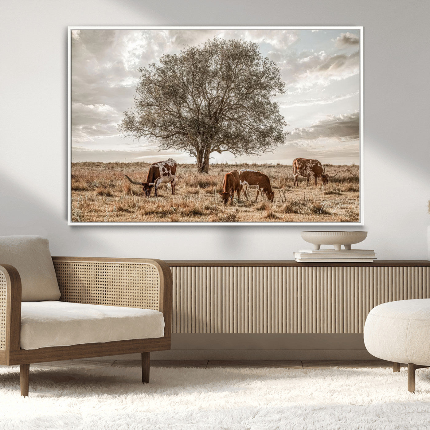 87590224-MGV-CV-36X24-Longhorn Cattle Wall Art – Rustic Western Landscape Canvas Print, Texas Farmhouse Prairie Scene for Living Room, Office, or Ranch