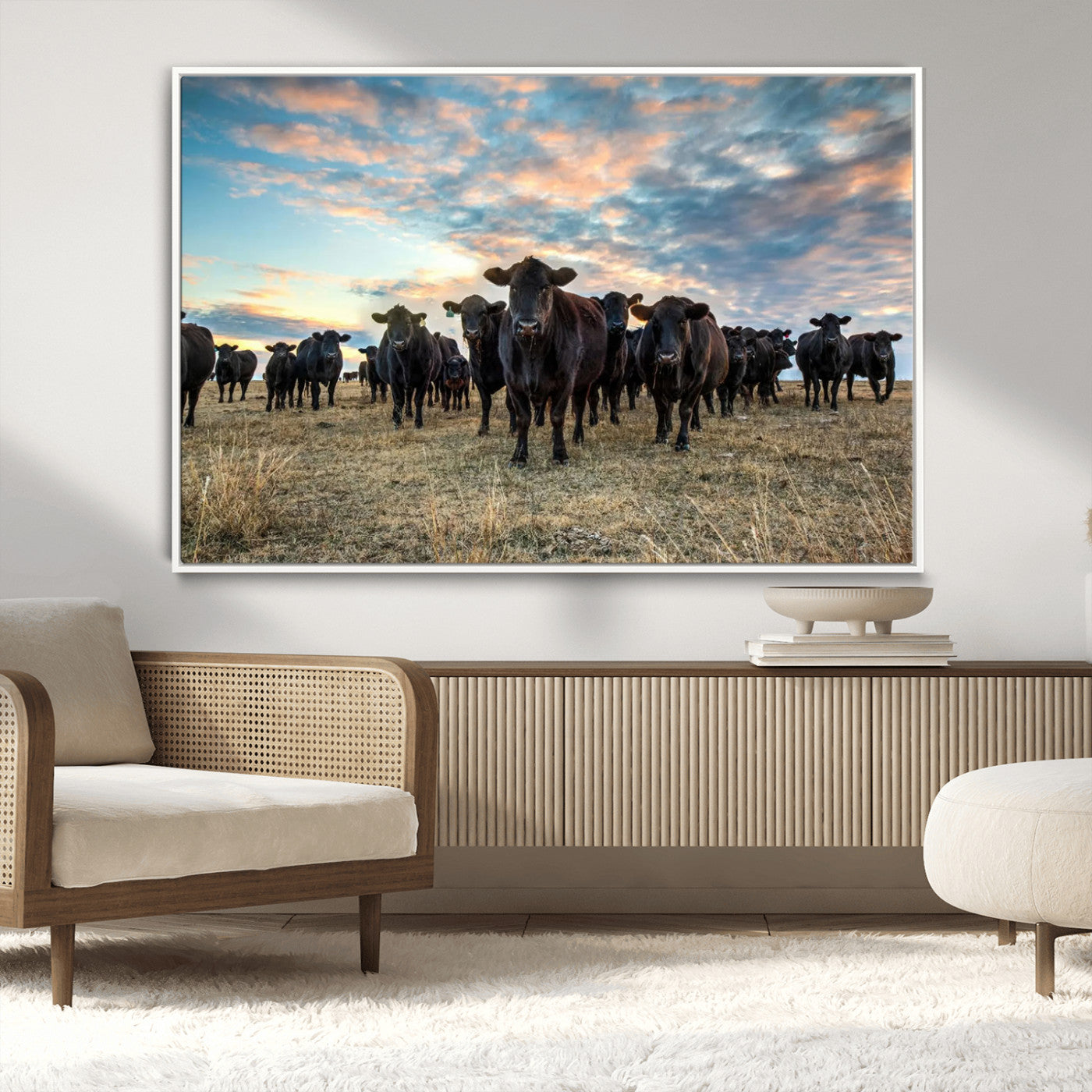13867292-MGV-FC-36X24_White-Black Cattle Wall Art – Rustic Ranch Herd Canvas Print, Western Farmhouse Country Landscape Decor for Living Room, Office, or