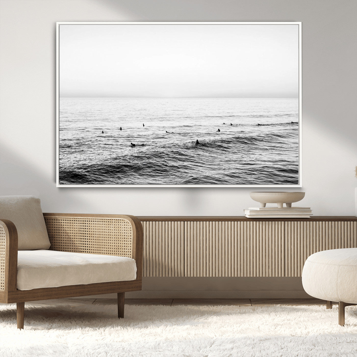 47208268-MGV-CV-36X24-Surfer Ocean Wall Art – Black and White Coastal Canvas Print, Minimalist Surfing Seascape Decor for Living Room, Bedroom, or Beach
