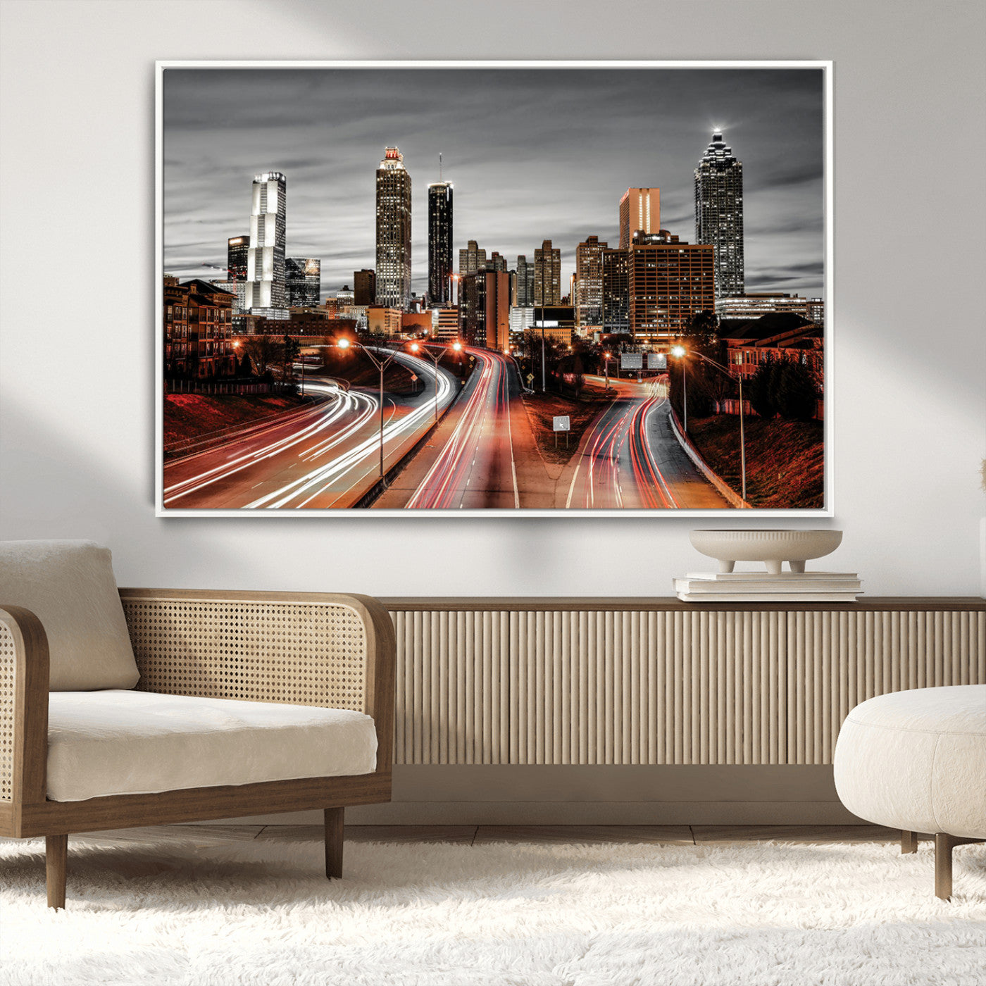 59097239-MGV-CV-36X24-City Skyline Wall Art – Modern Black and White Night Canvas Print with Red Light Trails, Urban Landscape Decor for Living Room or