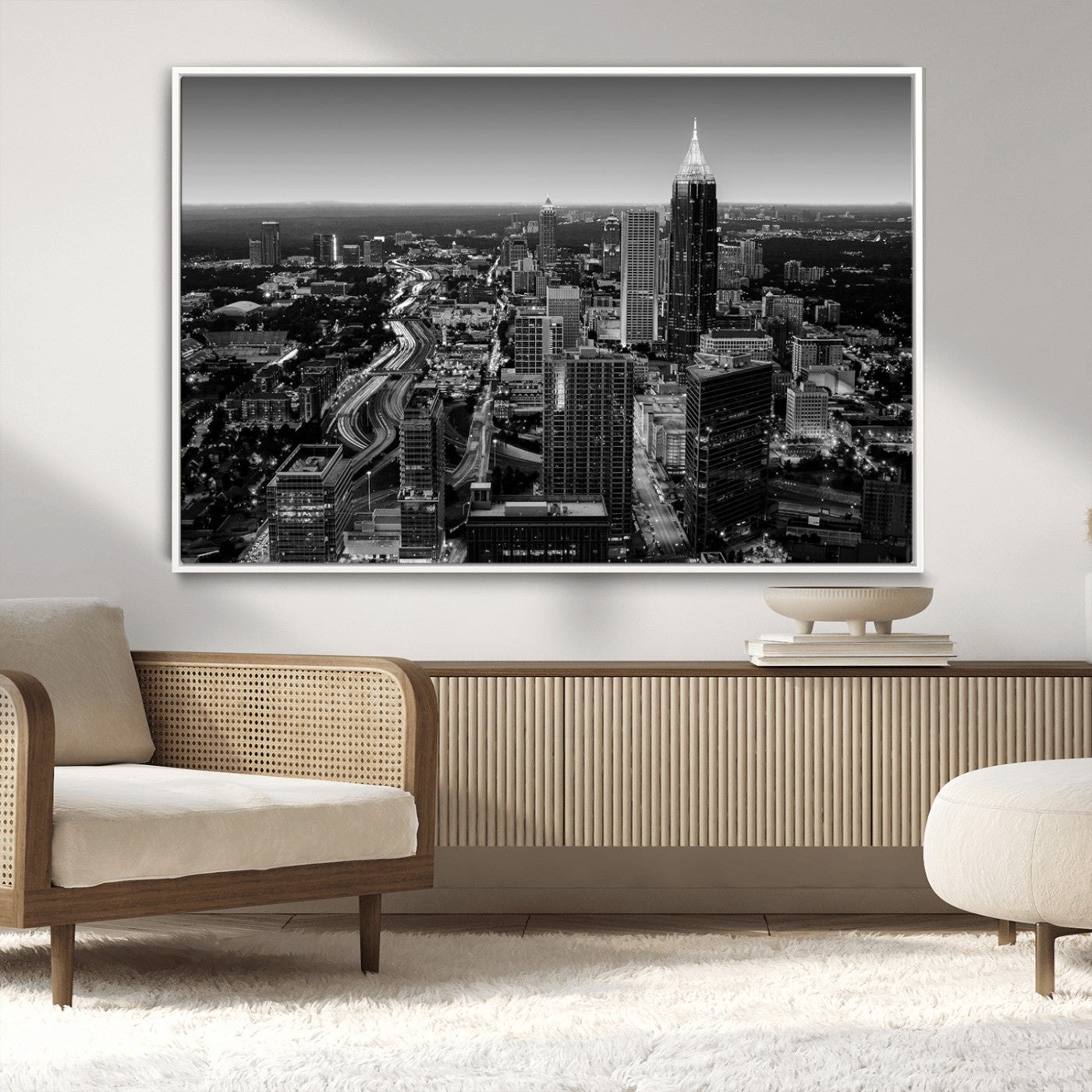 46578567-MGV-CV-36X24-Atlanta Skyline Wall Art – Black and White Cityscape Canvas Print, Modern Urban Night Decor for Office, Living Room, or Apartment