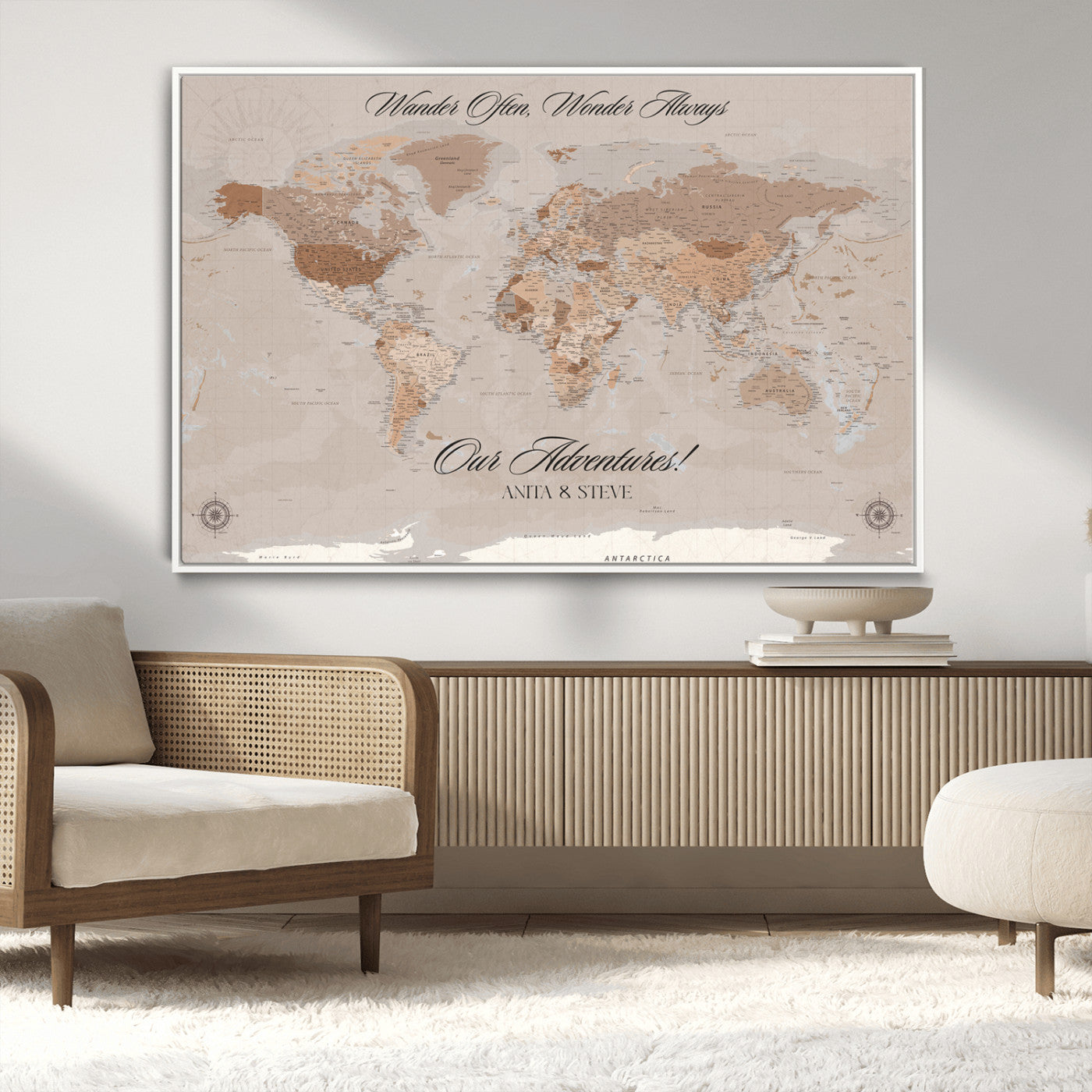 95243244-MGV-CV-36X24-Wander Often Wonder Always World Map Wall Art – Neutral Beige Adventure Canvas Print, Rustic Boho Travel Decor for Bedroom, Living
