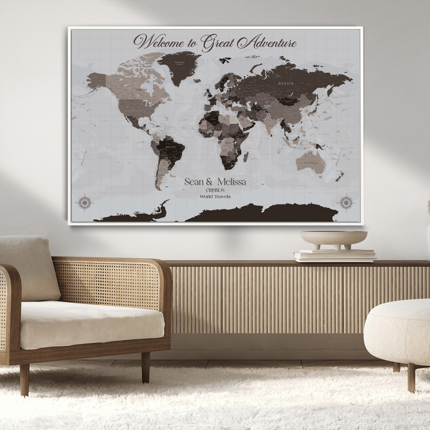 43749658-MGV-CV-36X24-Welcome to Great Adventure World Map Wall Art – Charcoal Gray Canvas Print, Rustic Travel Decor for Living Room, Study, Office or