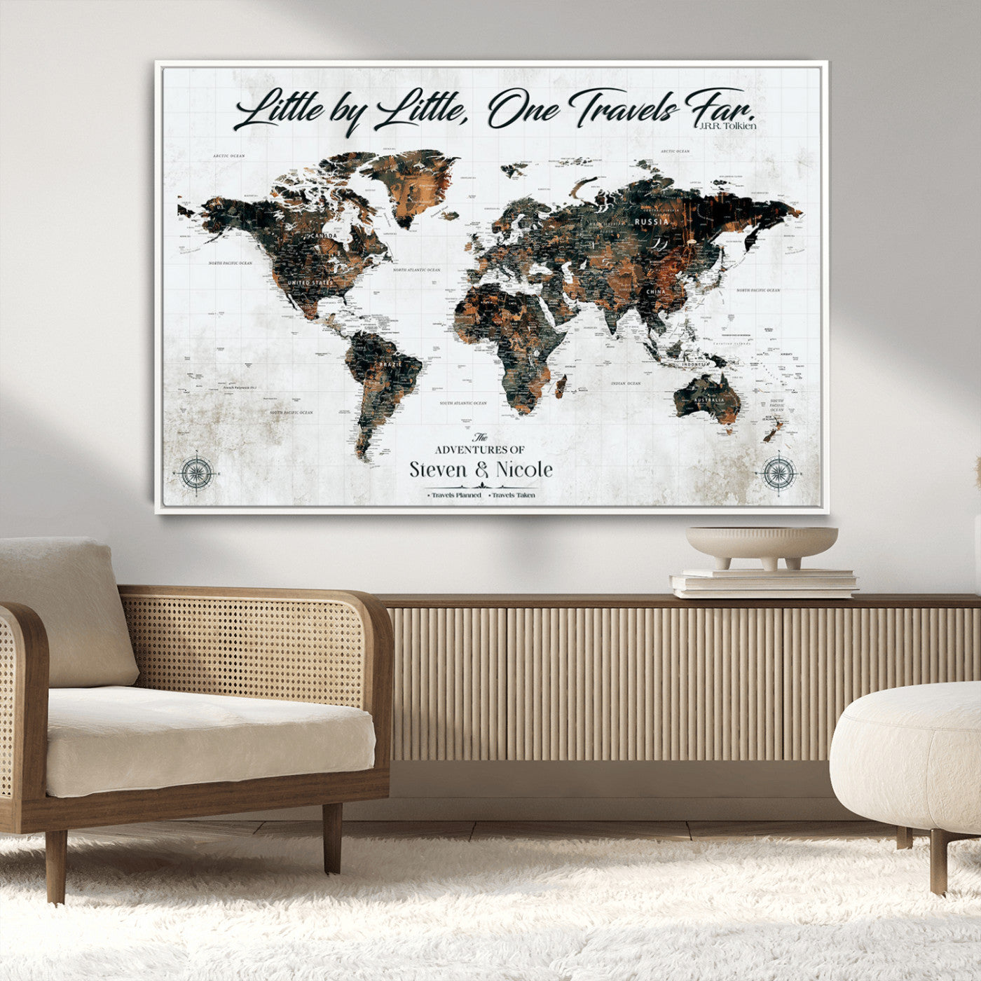 88337180-MGV-FC-36X24_White-Little by Little One Travels Far Tolkien Quote World Map Rustic Black Brown Adventure Wall Art Canvas Print for Home Office Living